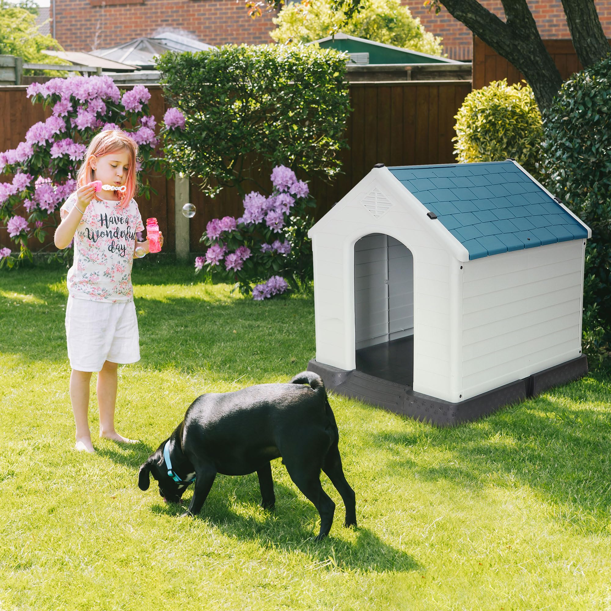 Large Dog House Indoor Outdoor Plastic Durable Dog House Insulated Puppy Shelter With Air Vents Elevated Floor (Blue, 28Inch)