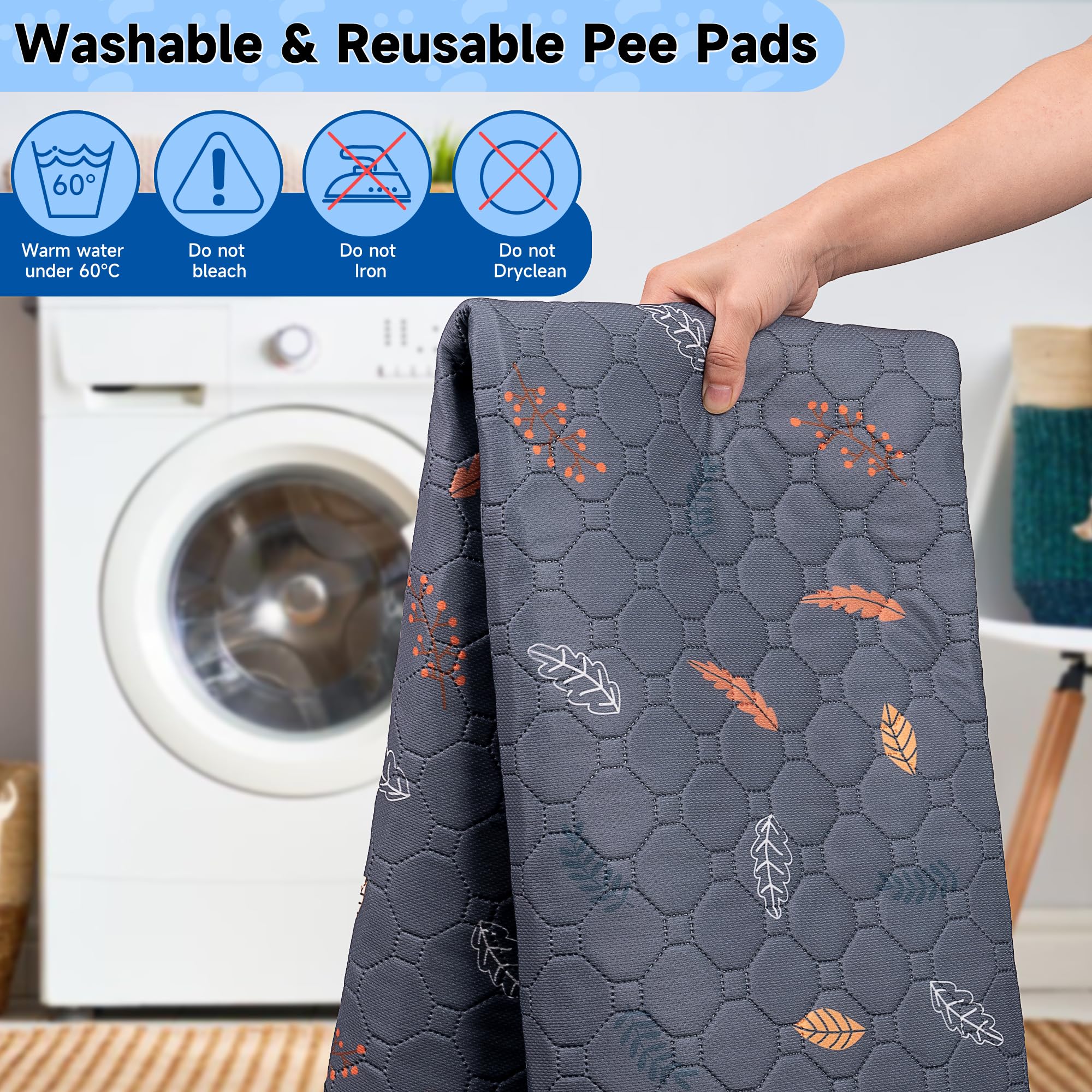 Sunheir Washable Pee Pads For Dogs 2-Pack Reusable Puppy Pads Pet Training Pads, Waterproof Dog Pee Pads For Crate, Whelping Pad, Non-Slip Protects Against Urine Leakage (Leaves - Light Grey, 24X36)