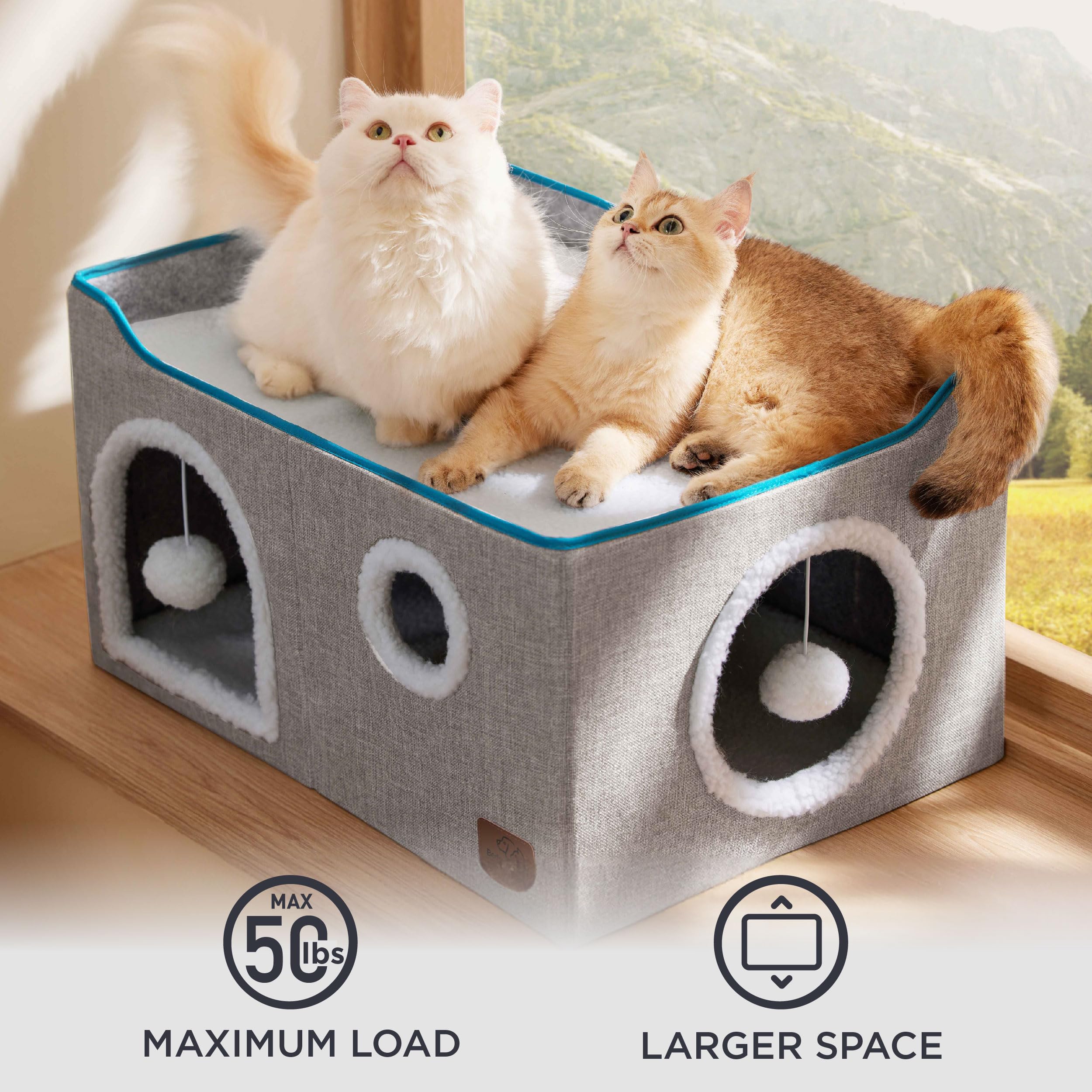 Bedsure Extra-Wide Cat House For Indoor Cats - Large Cat Cave For Pet Cat House With Fluffy Ball Hanging And Scratch Pad, Foldable Cat Hideaway For Multi Cats, 23.6X16.9X13 Inches, Grey