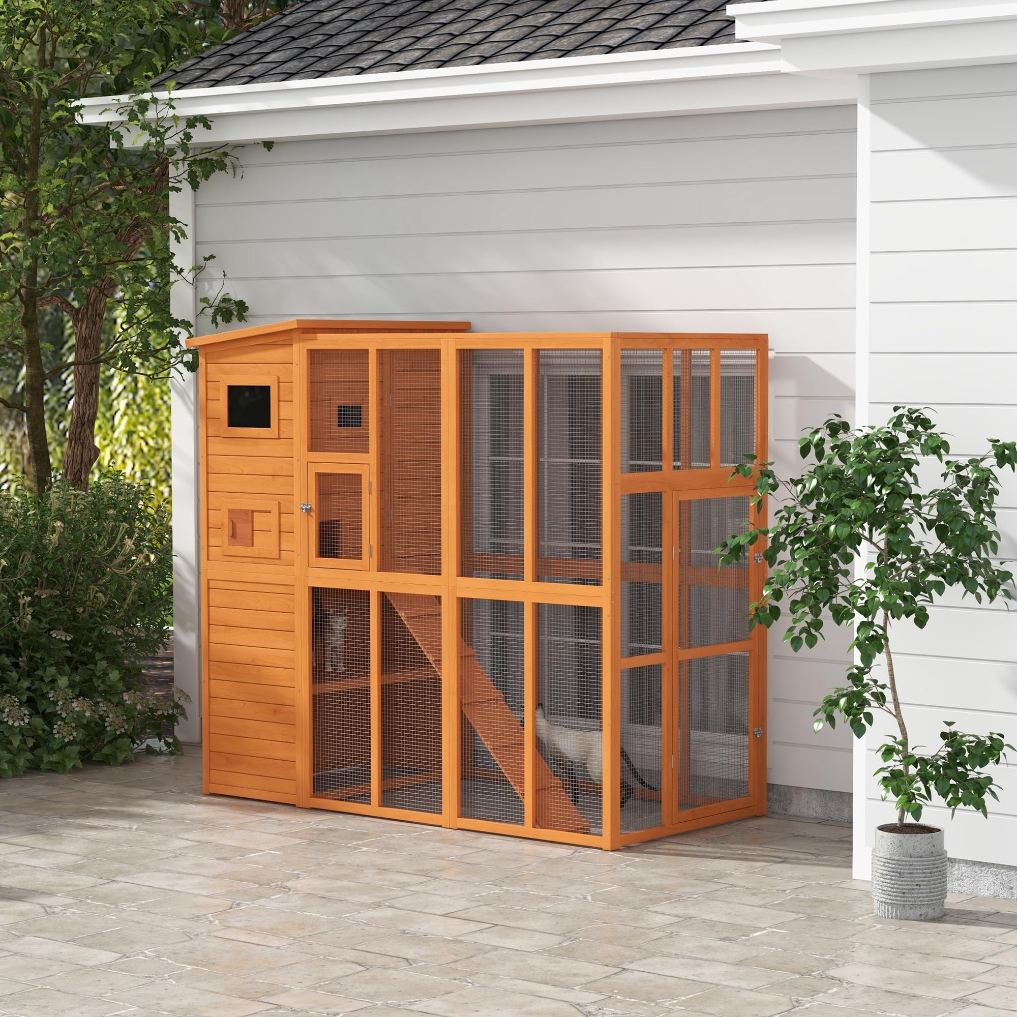 Pawhut Catio Outdoor Cat Enclosure, Wooden Cat Patio Cat Window Box With Platforms, Waterproof Asphalt Roof, Ramps, 77' L, Natural