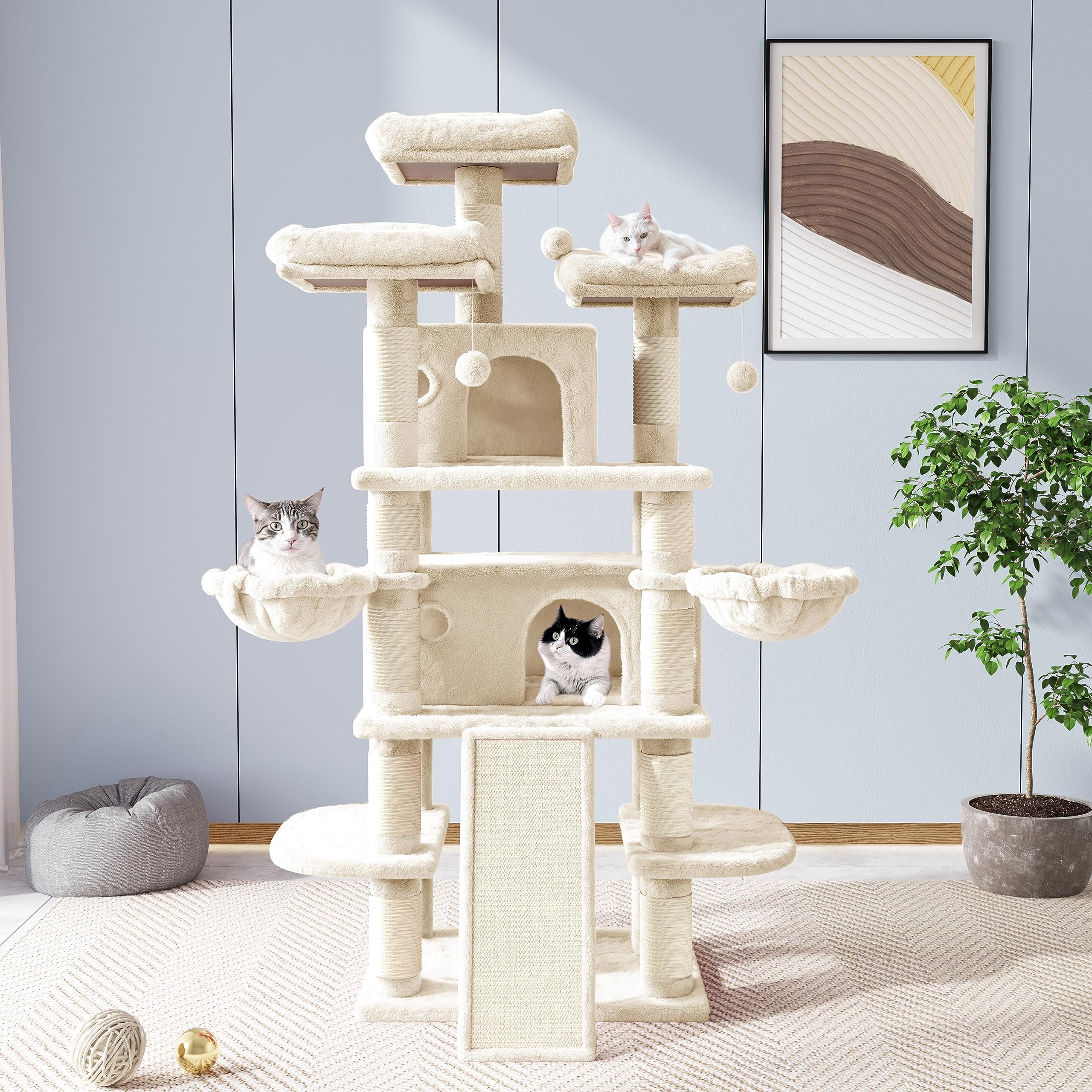 Allewie Cat Tree 68in Beige Multi-Level Climbing Tower with Condo for Big Felines Model AK-002BE