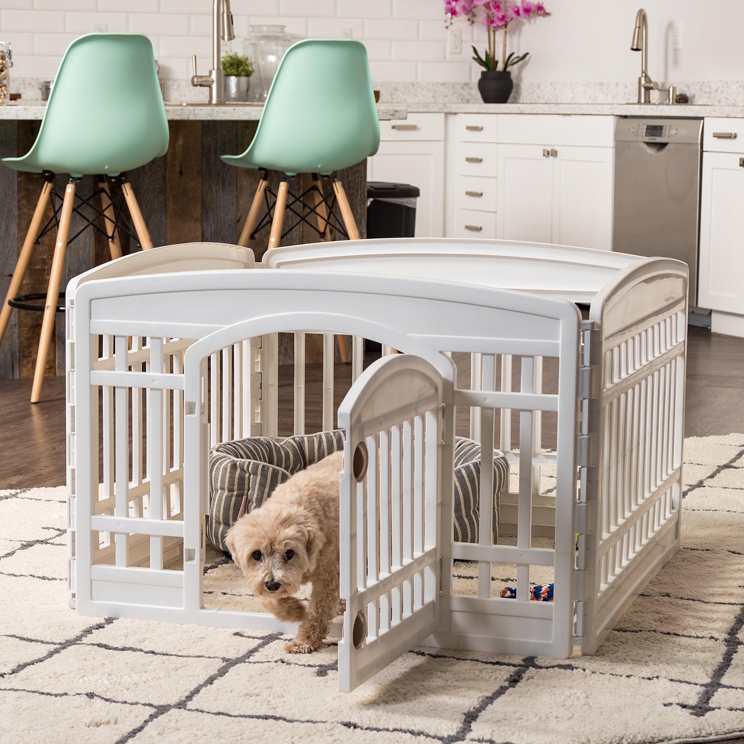 Iris Usa 24' Exercise 4-Panel Pet Playpen With Door, Dog Playpen, Puppy Playpen, For Puppies And Small Dogs, Keep Pets Secure, Easy Assemble, Fold It Down, Easy Storing, Customizable, White