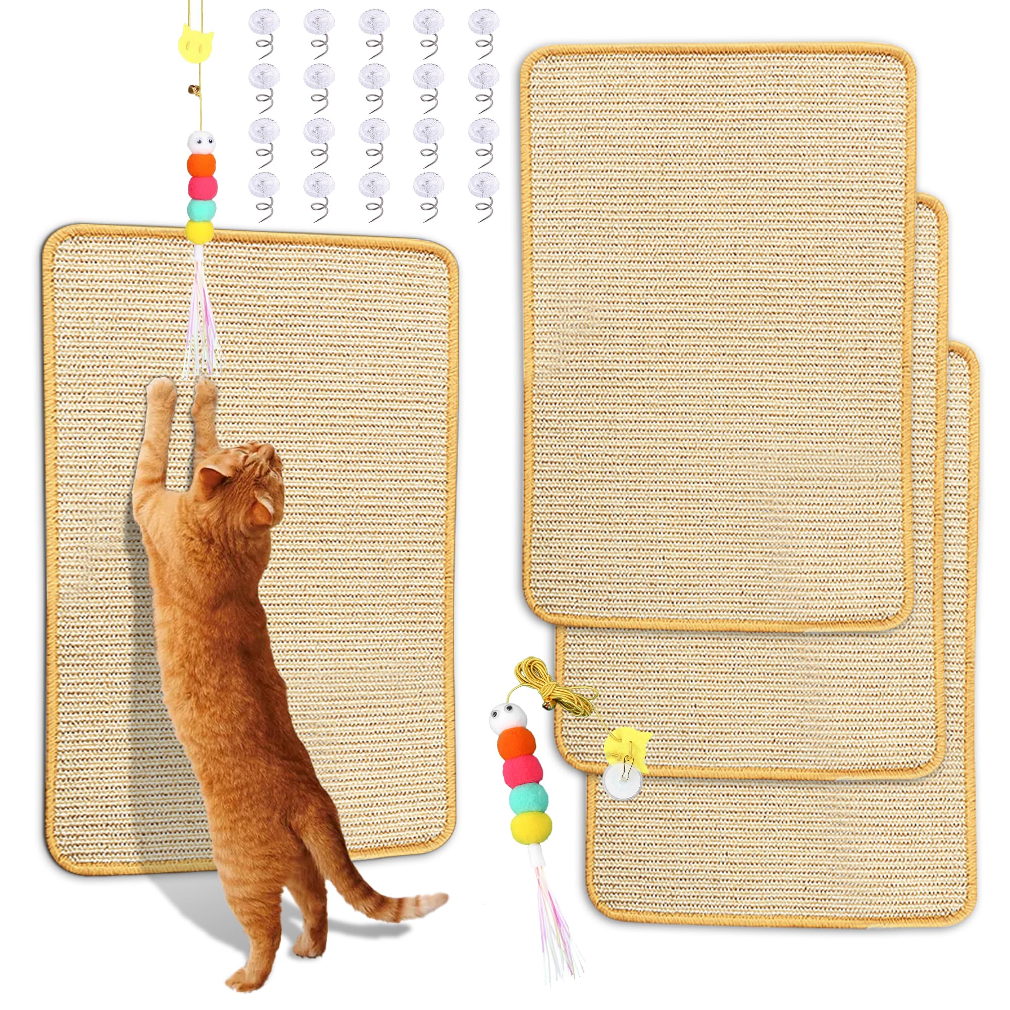 Sisal Cat Scratching Mat, 3 Packs Natural Fabric 23.6 X 15.8 Scratching Pad With Cute Playing Toy And Spiral Nails, Wall Scr