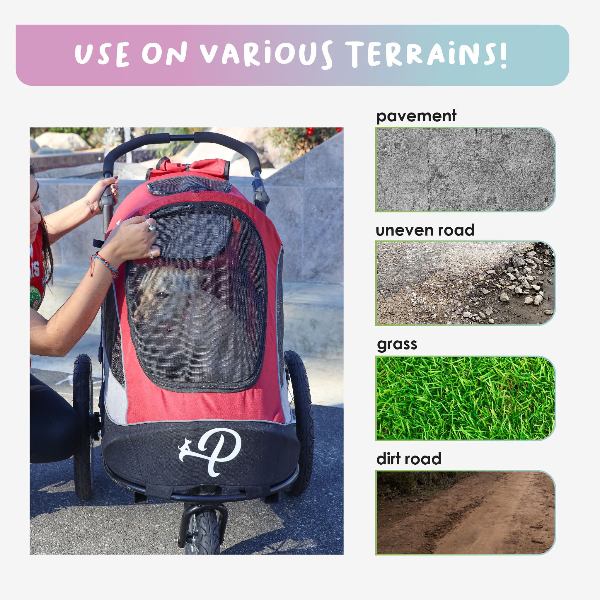 PETIQUE Trailblazer Pet Jogger/Stroller, Bike Trailer for Dogs & Cats, 32.3"L x 23.2"W x 41.3"H, Red, Supports up to