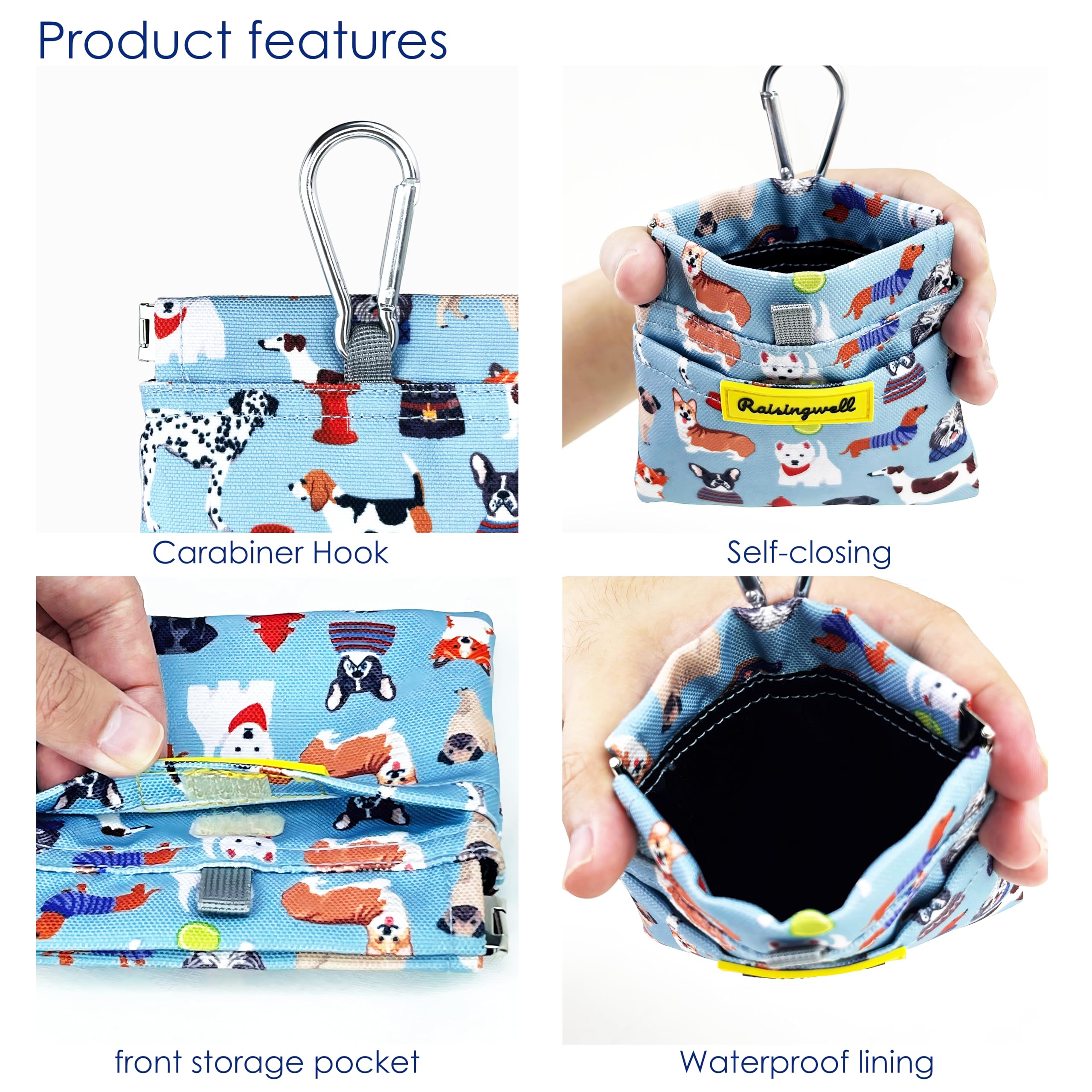Dog Treat Pouch,Cotton Pocket Sized Training Holder, Hand Free Walking Funny Bag with Carabiner, Self-Closing Pet Feed Snack Rew