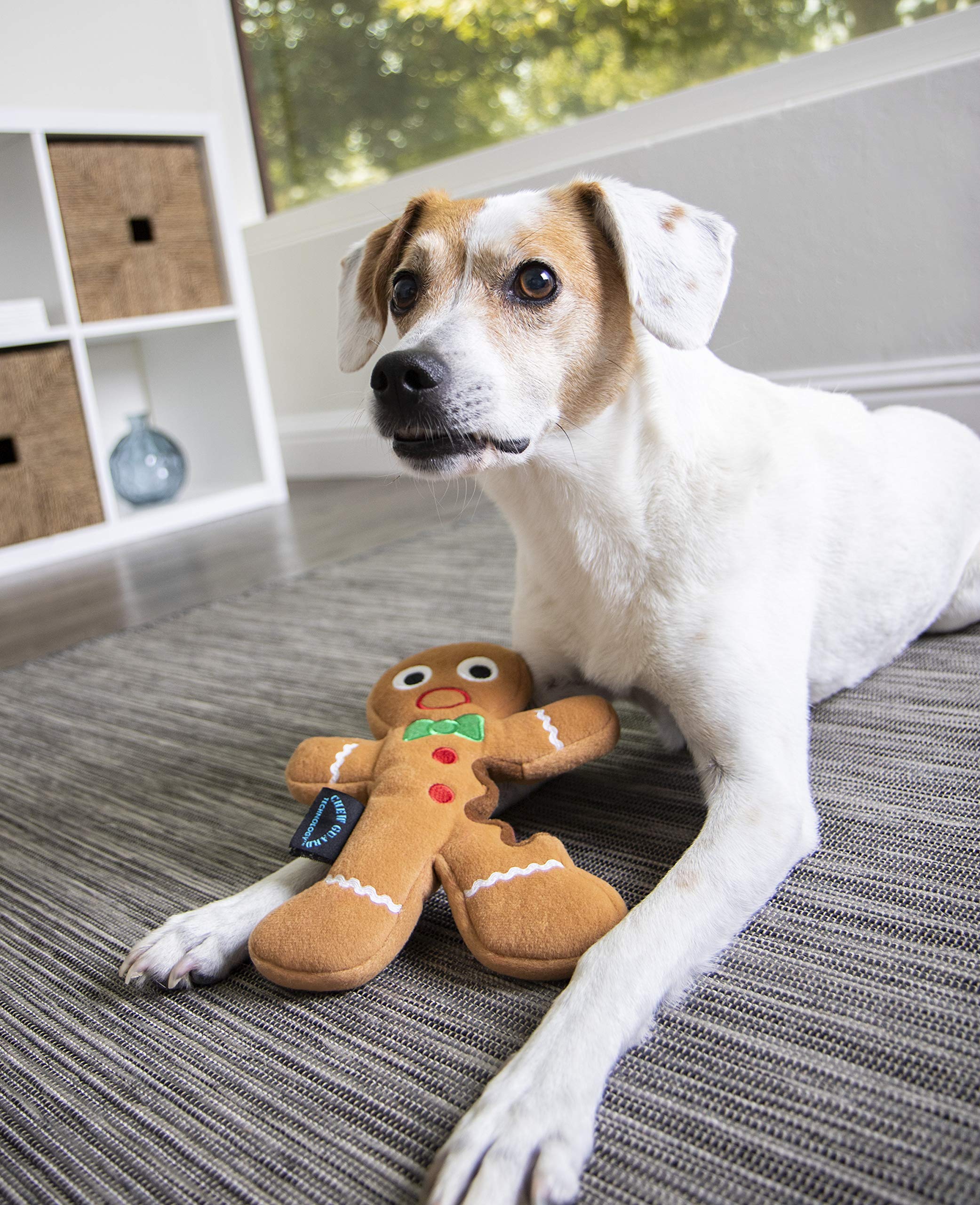 Godog Christmas Gingerbread Man Squeaky Plush Dog Toy, Chew Guard Technology - Brown, Large
