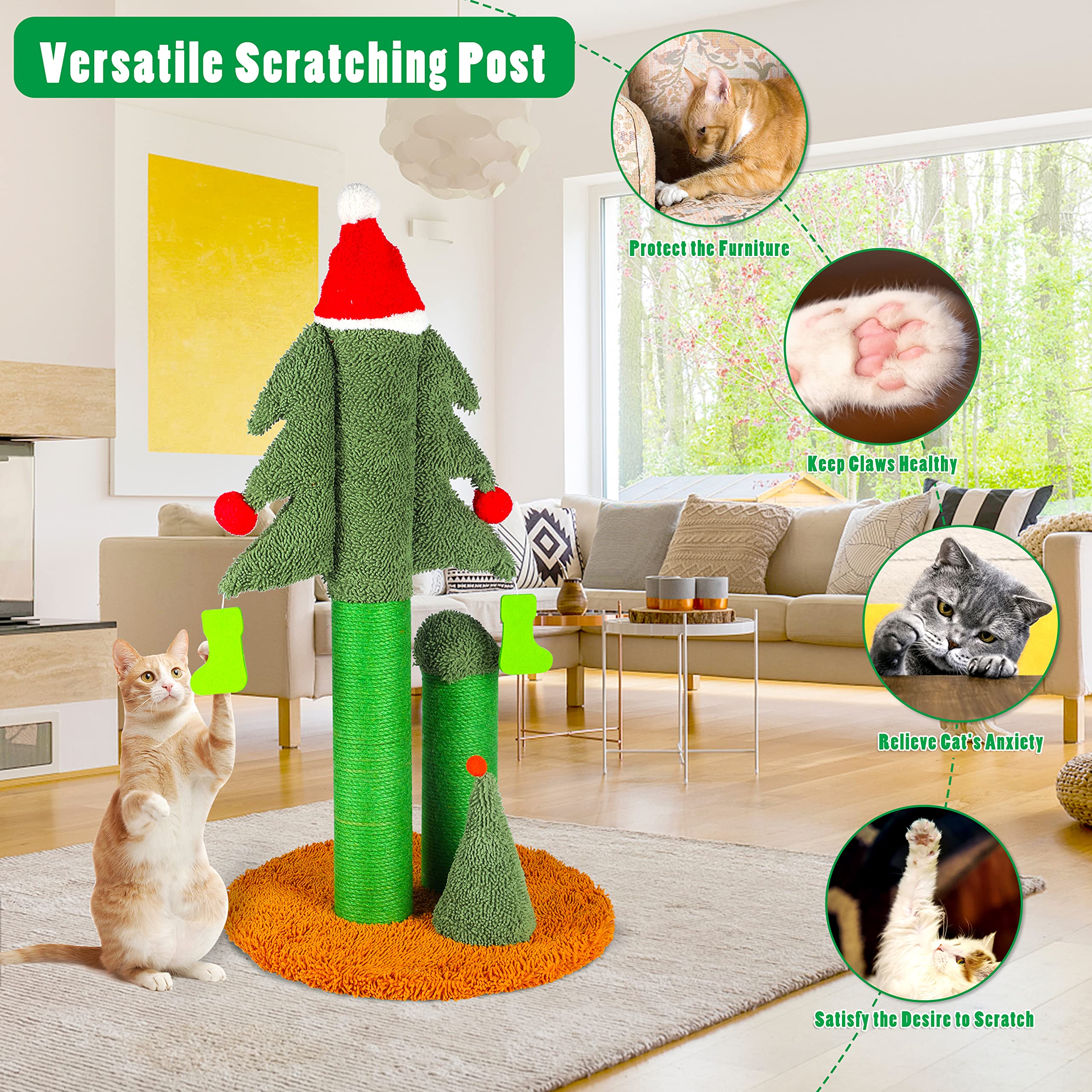 FluffyDream 32    Cat Scratching Post, Tall Christmas Tree Cat Scratcher with 3 Posts and Cute Dangling Teaser Balls, Natural Si