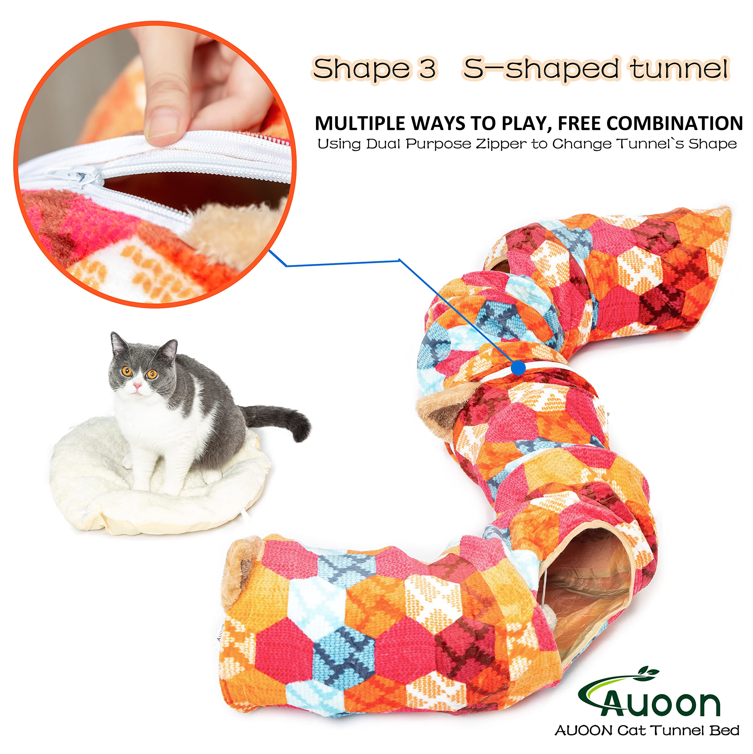 Auoon Cat Tunnel Bed With Central Mat,Big Tube Playground Toys,Soft Plush Material,Full Moon Shape For Kitten,Cat,Puppy,Rabbit,Ferret (Orange)
