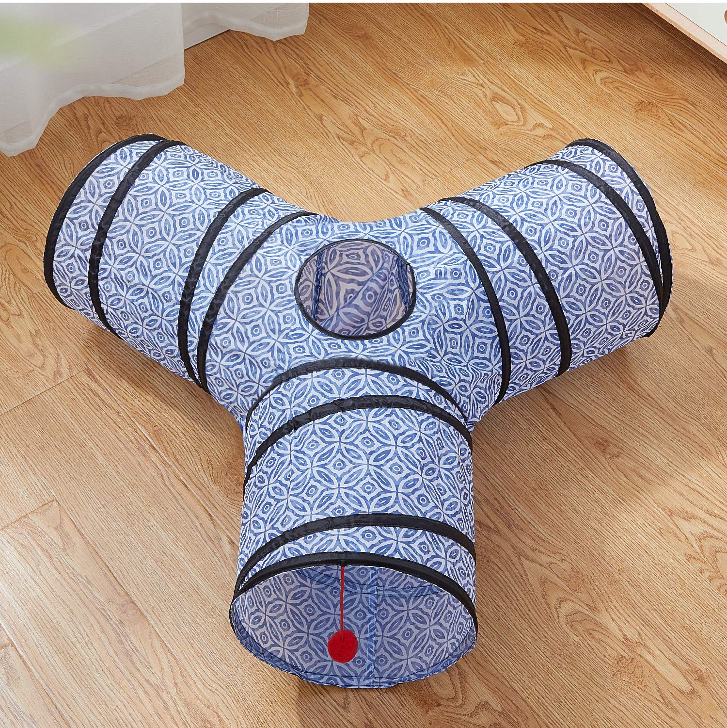 Tempcore 3-Way Cat Tunnel Tube - Collapsible Indoor Play Toy, Blue-Coin Polyester for Cats, Kittens, and Small Pets