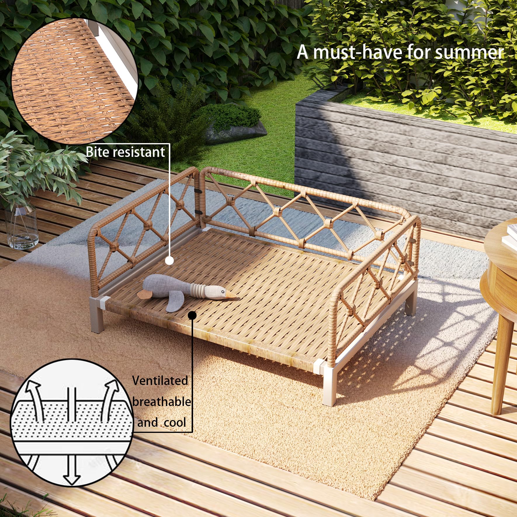 Otair Outdoor Wicker Dog Bed Indoor Rattan Dog Sofa With Soft Cushion (Brown Wicker And Cushion, Large)