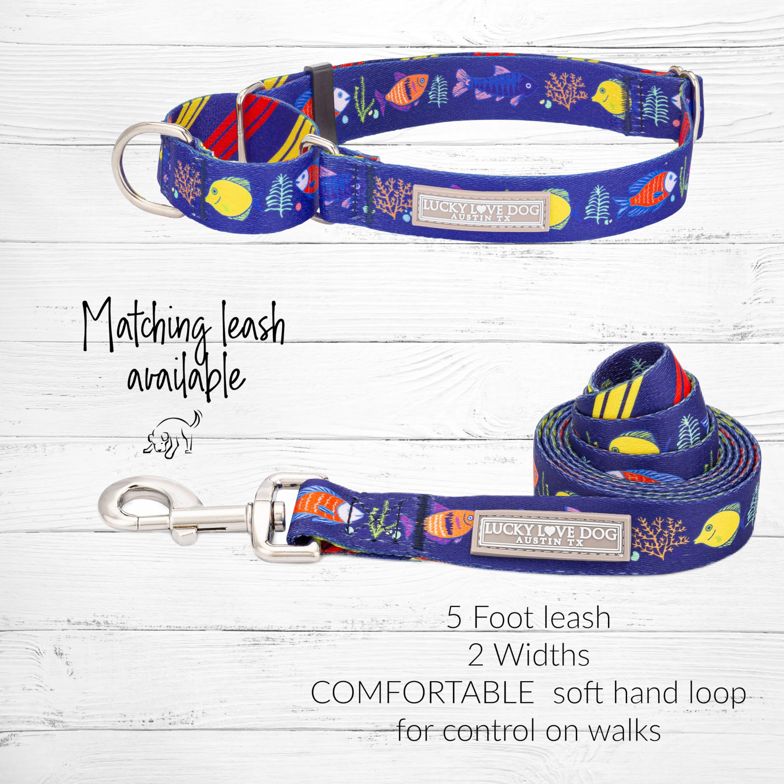 Lucky Love Dog Martingale Collar, Blue Color No Slip Collars For Medium Dogs, Tropical Fish Pattern Martingale Dog Collar, Great