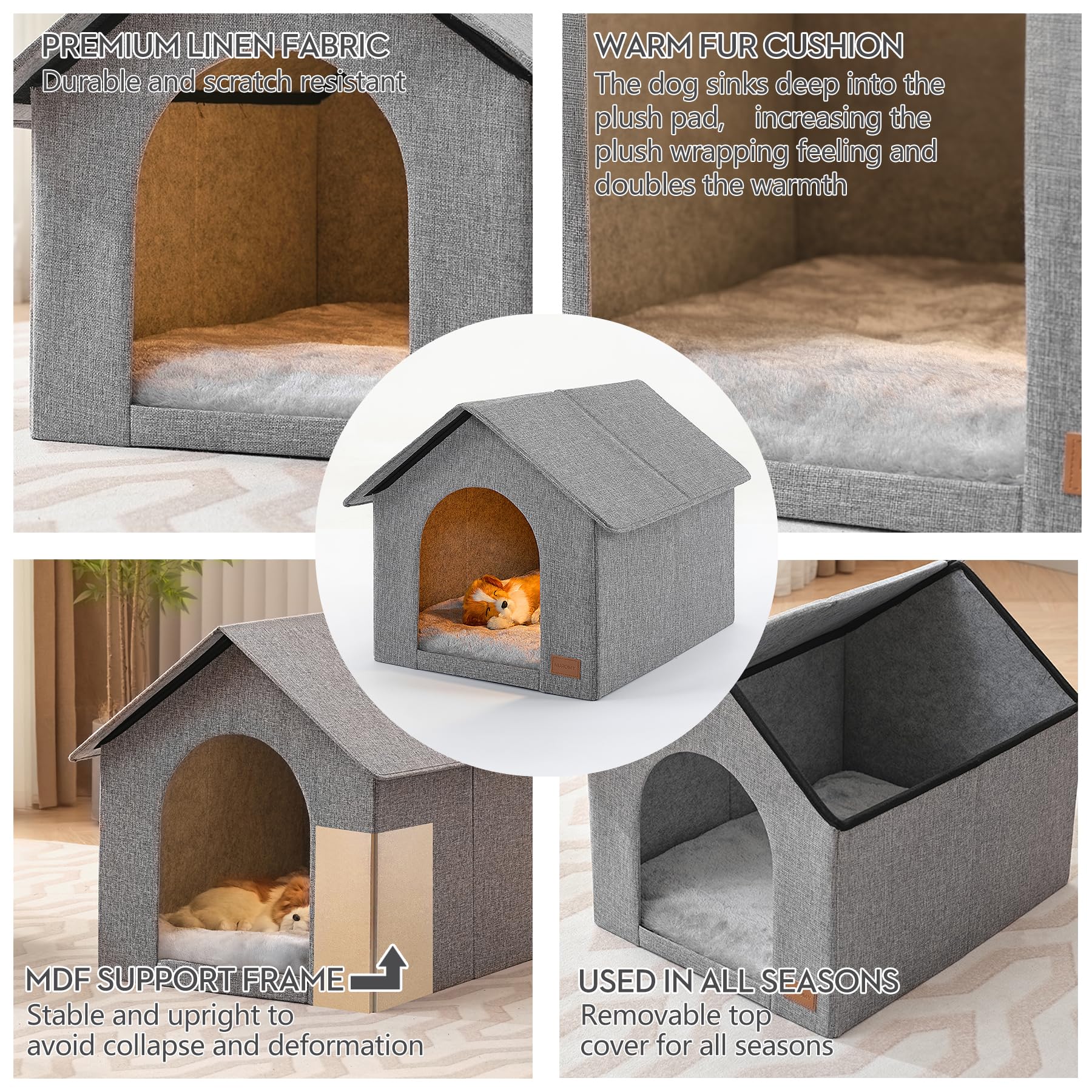 NUROMY Indoor Dog House - Large Size for Medium Dogs & Large Cats, Gray Nylon with Washable Plush Cushion, Model Indoor Feetless-Large