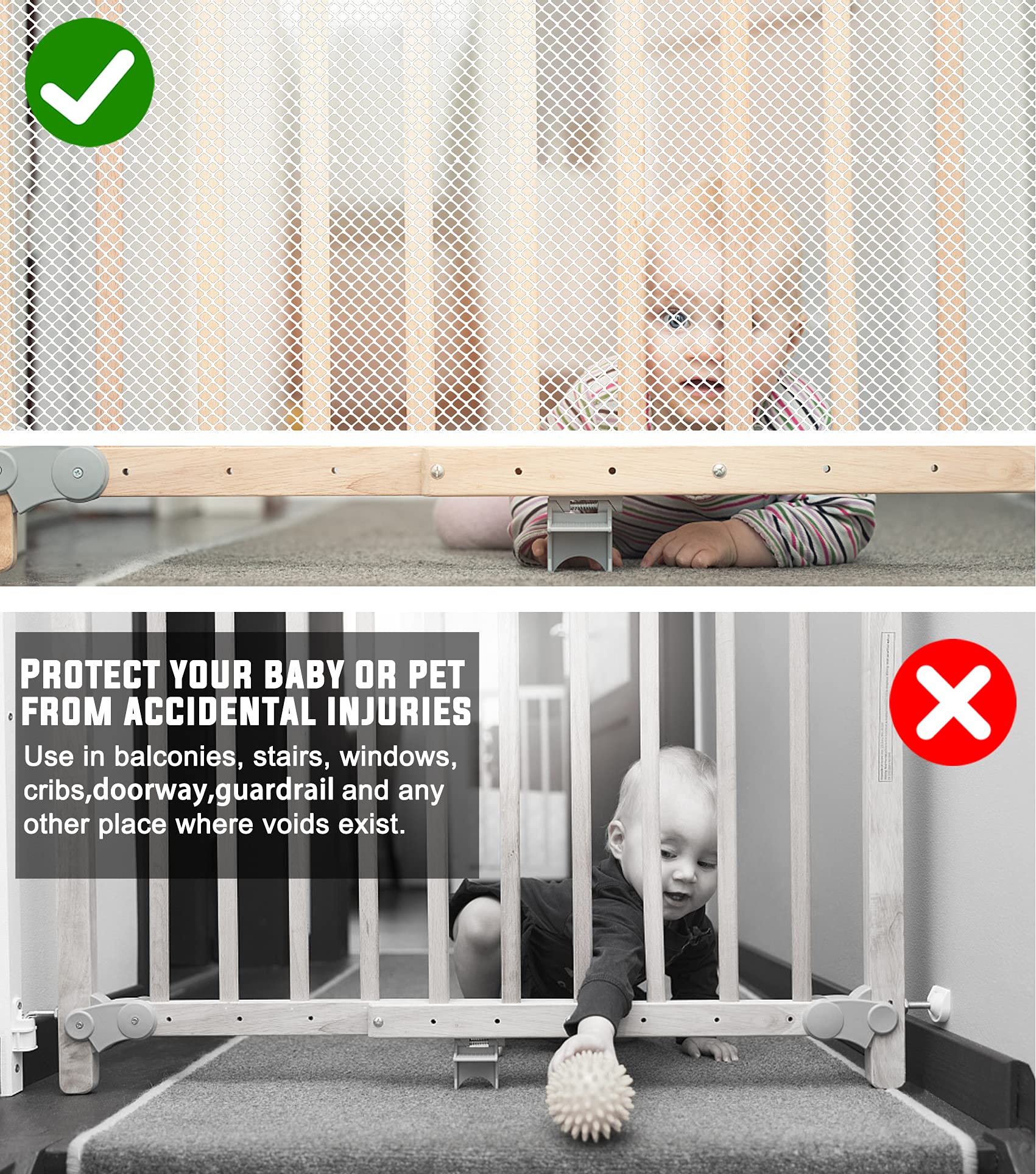 Jiftok Baby Gate For Stairs, Banister Guard For Kids, Pets, Toys, 15Ft L X 2.66 Ft H, Mesh Netting Safety Net For Balcony Rail Stair, Stairway Net Baby Safety Products For Indoor & Outdoor (White)