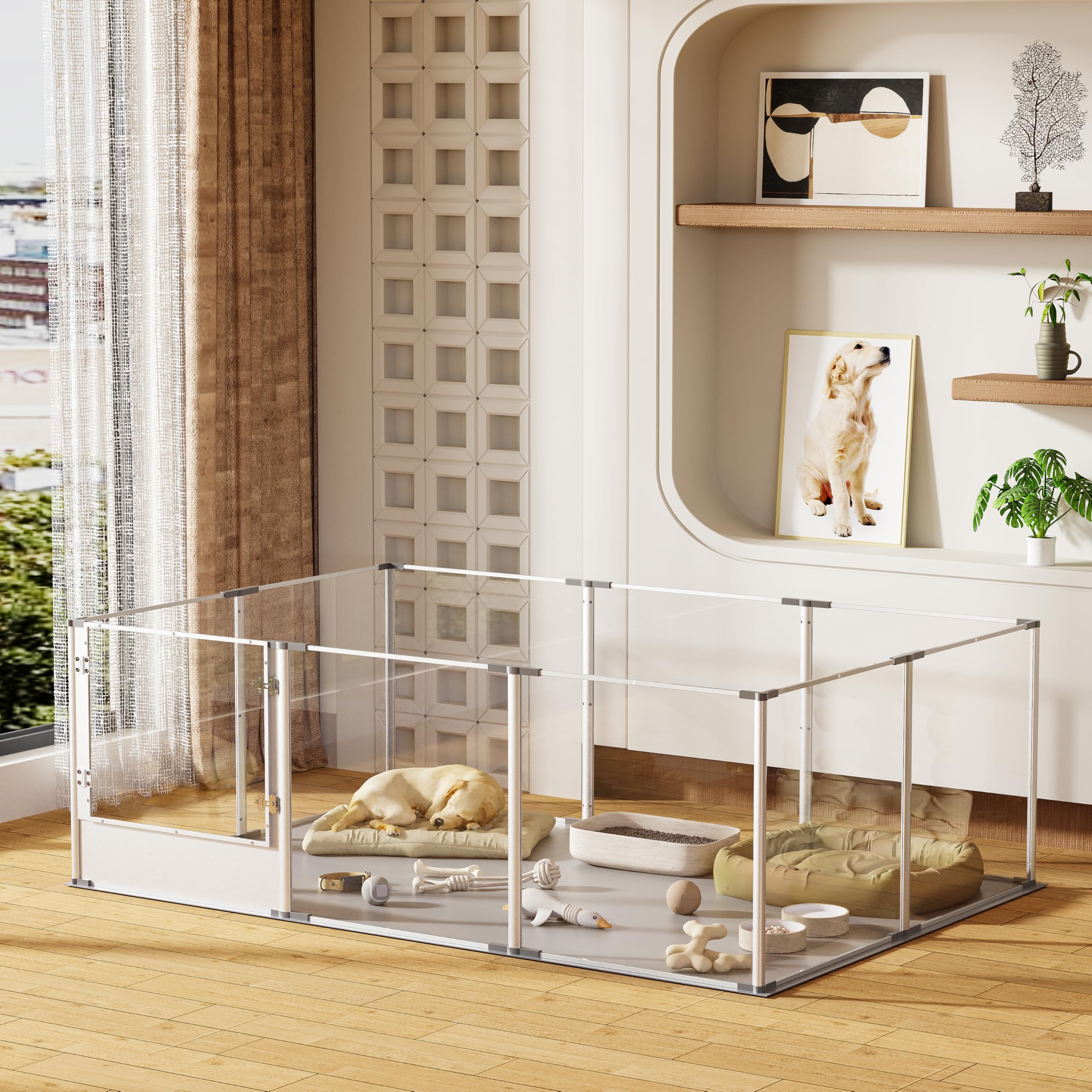 Dog Clear Playpen Fence Kennel: 10Panels Indoor Transparent Whelping Box Pen Cage With Waterproof Whelping Pad - Extra Long Acry