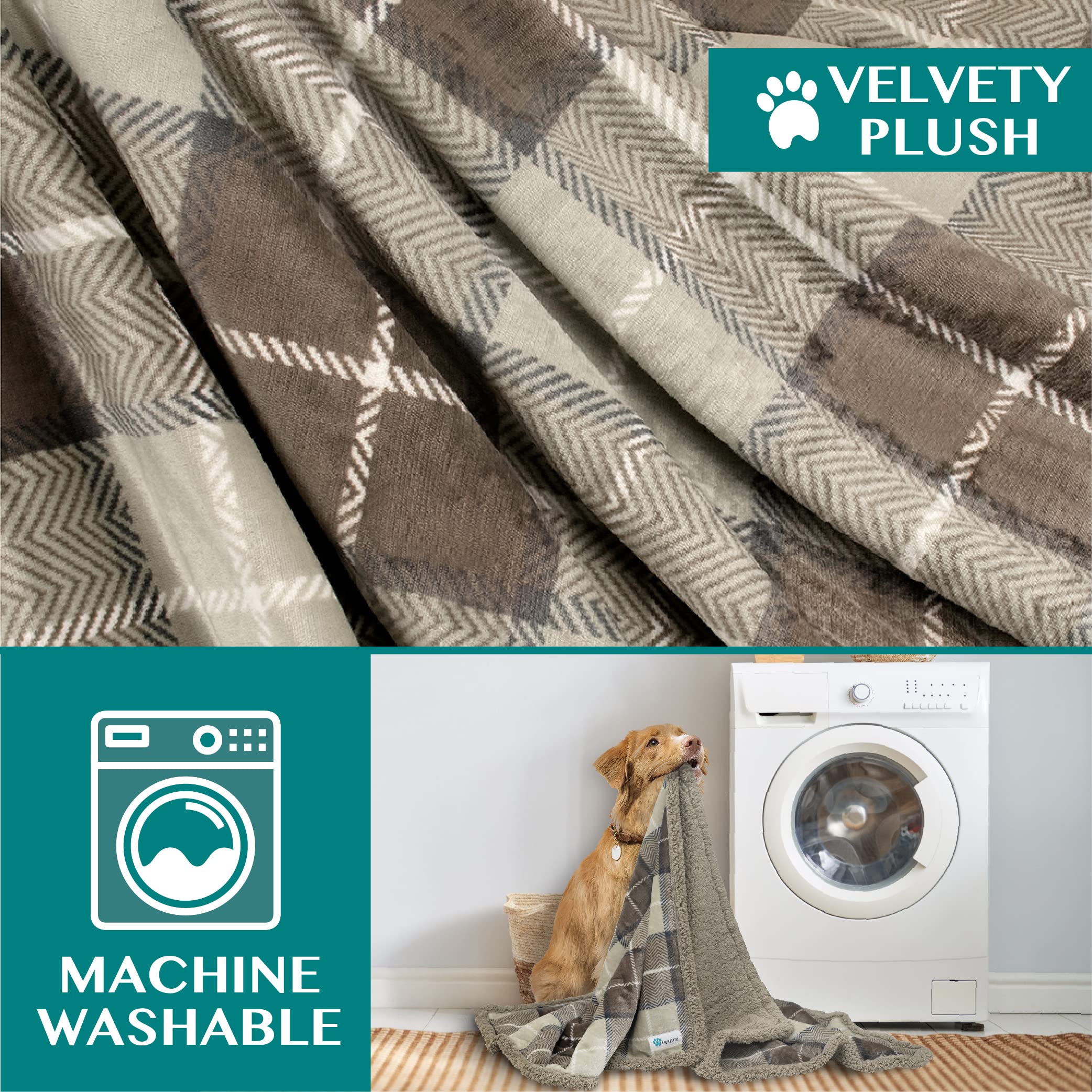 Petami Dog Blanket For Bed, Xl Pet Blanket Large Dogs, Fleece Furniture Couch Cover Protector Sofa Car Crate Kennel, Soft Sherpa Cat Throw Plush Reversible Washable, Twin 60X80 Plaid Taupe