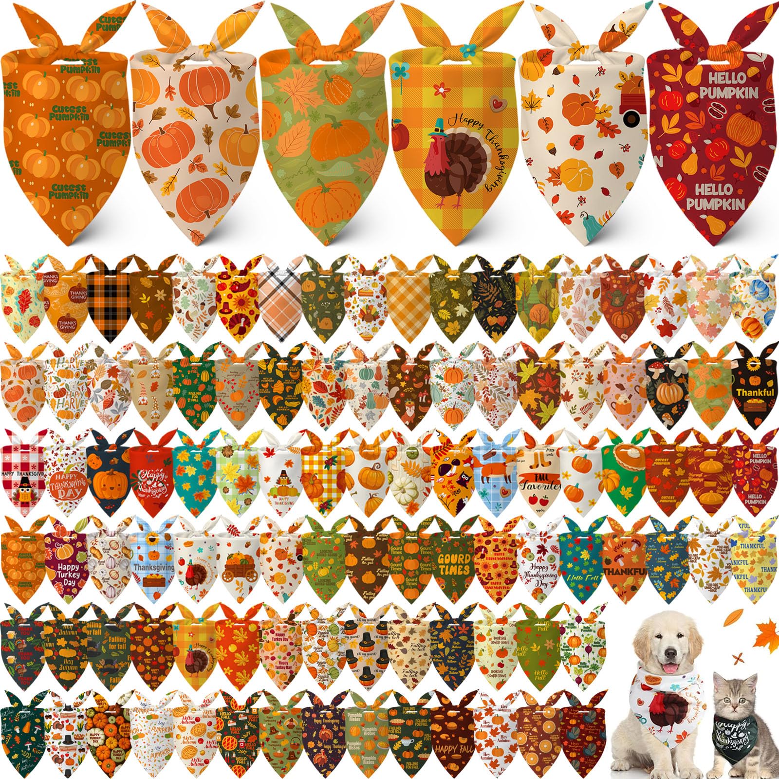 Lasnten 120 Pcs Fall Dog Bandanas Bulk Pumpkin Maple Leaves Bandana for Dogs Thanksgiving Pet Bibs Scarf for Small Medium Large 