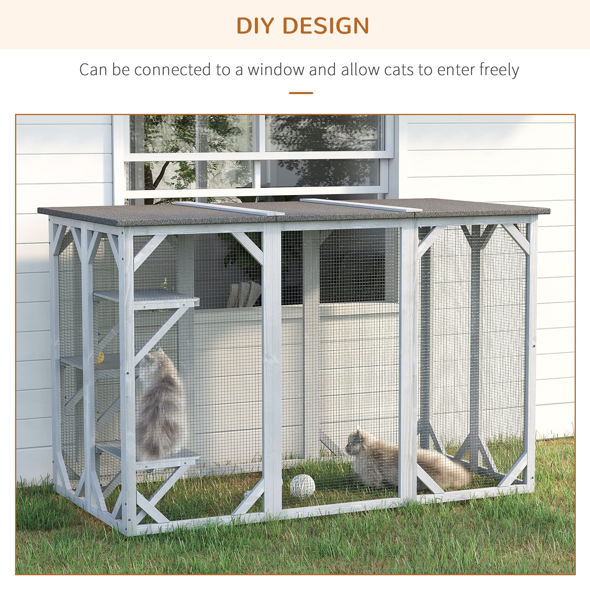 Pawhut Outdoor Cat House, Catio Wooden Feral Cat Shelter, Cat Cage With Platforms, Large Enter Door, Weather Protection Asphalt Roof, 71' L, Gray