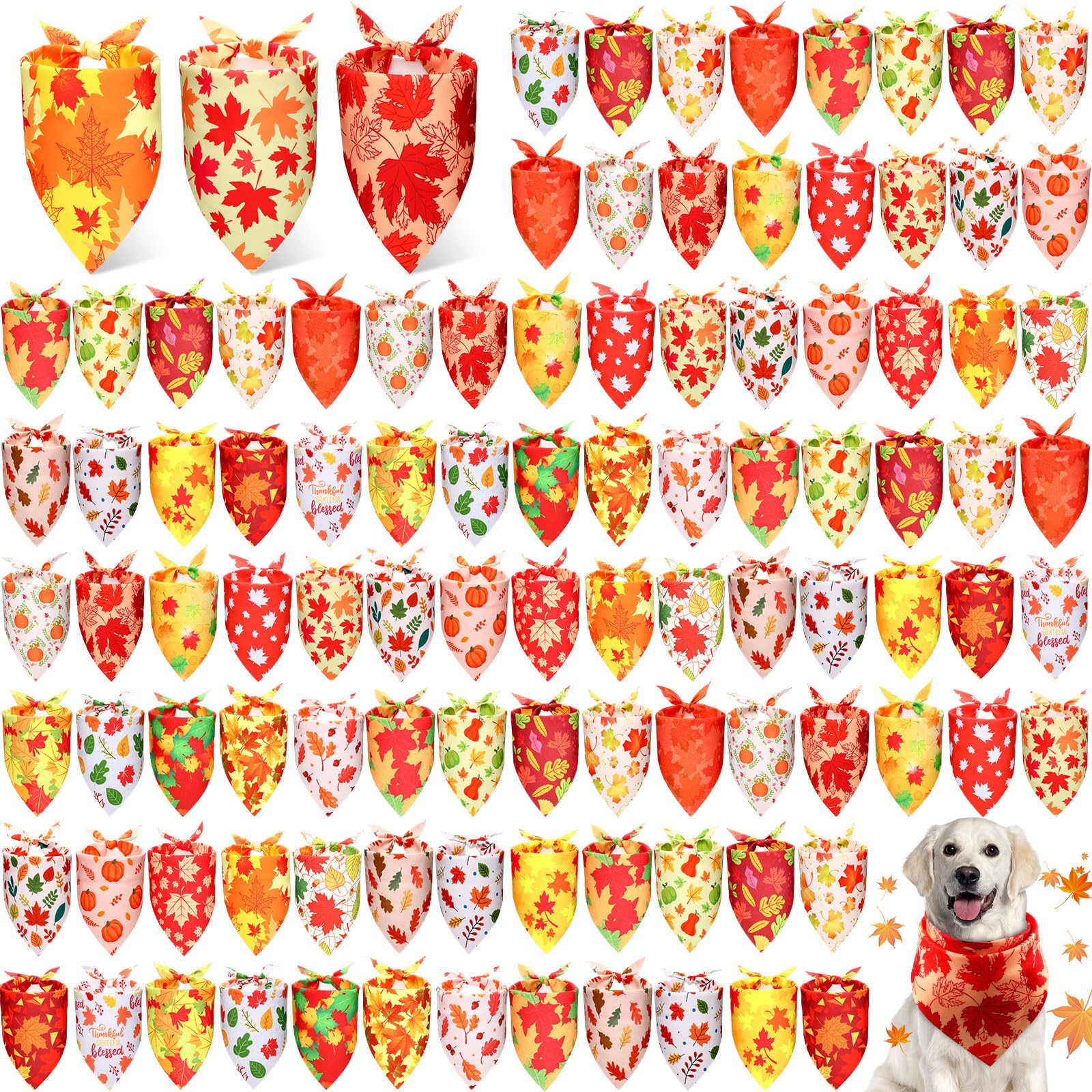 Preboun 100 Pcs Fall Thanksgiving Dog Bandanas Bulk Pumpkin Maple Leaves Bandanas for Dogs Triangle Kerchief Bibs Scarf for Pets