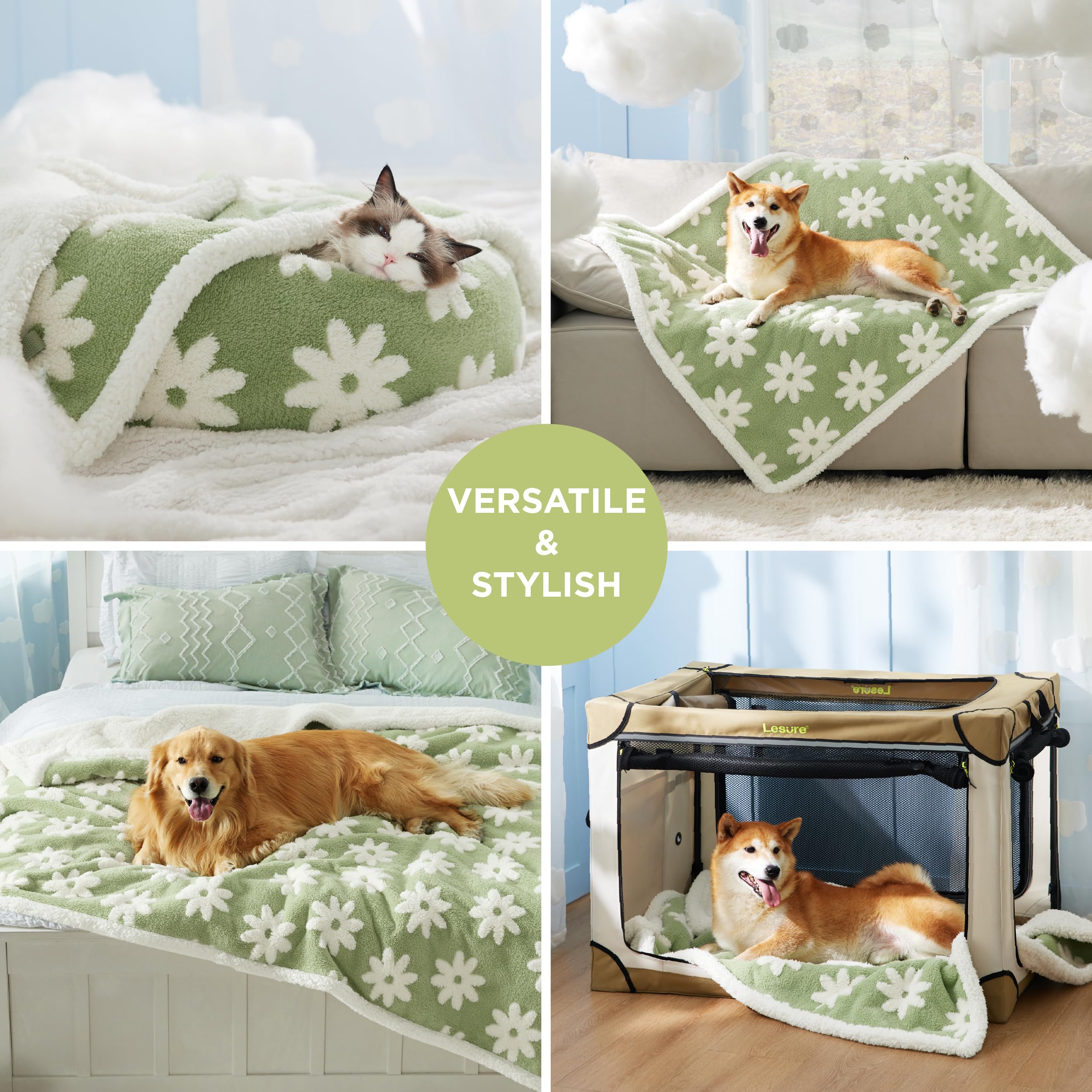 Lesure Waterproof Dog Blanket For Large Dogs - Washable Double Sided Dog Blankets With Warm Jacquard Shag And Soft Sherpa Fleece, Pet Cat Blanket For Bed Protection, 3D Textured Cloud, Green