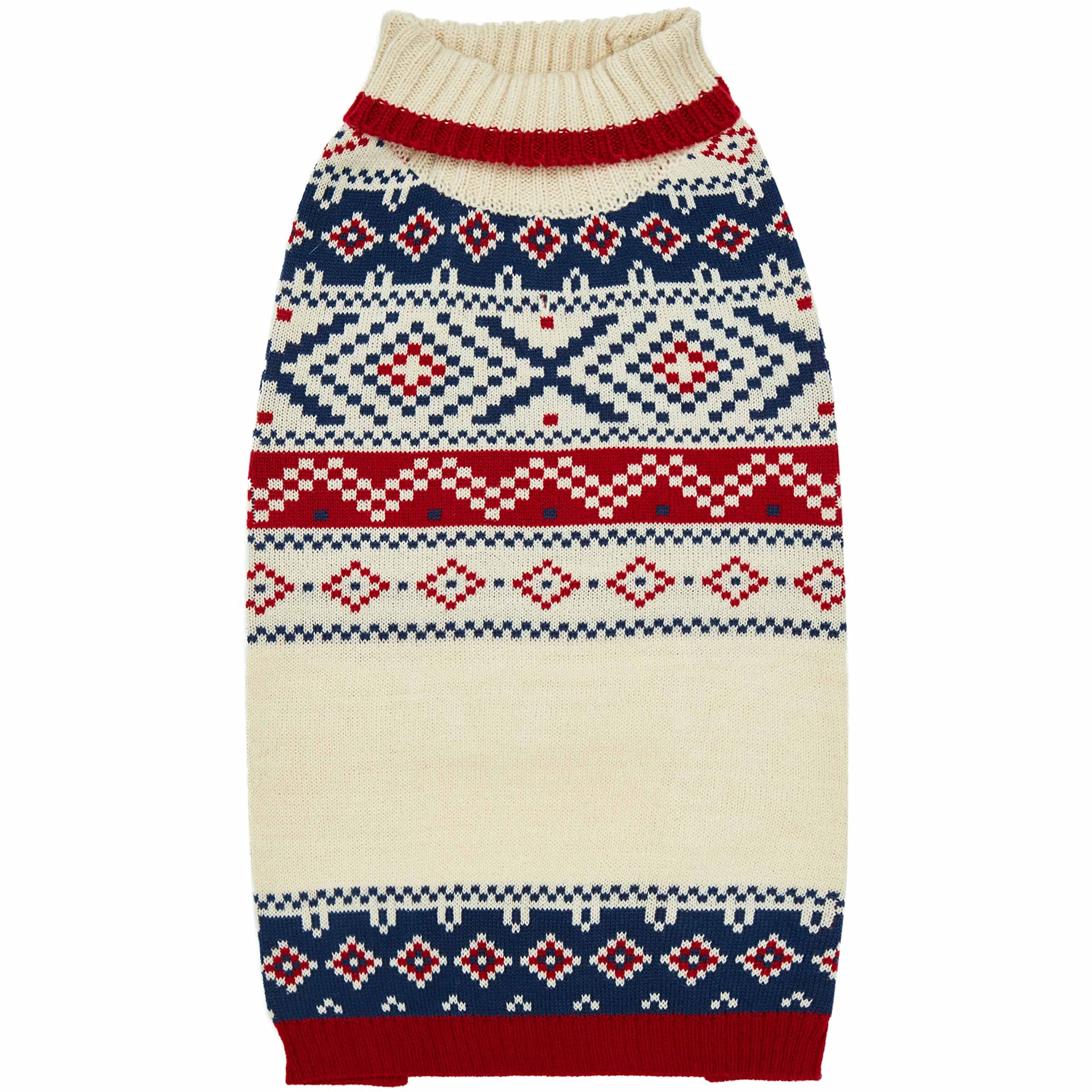 Blueberry Pet Holiday Christmas Chic Turtleneck Fair Isle Fall Winter Pullover Dog Sweater In Creamy White, Back Length 12', Warm Clothes For Small Dogs