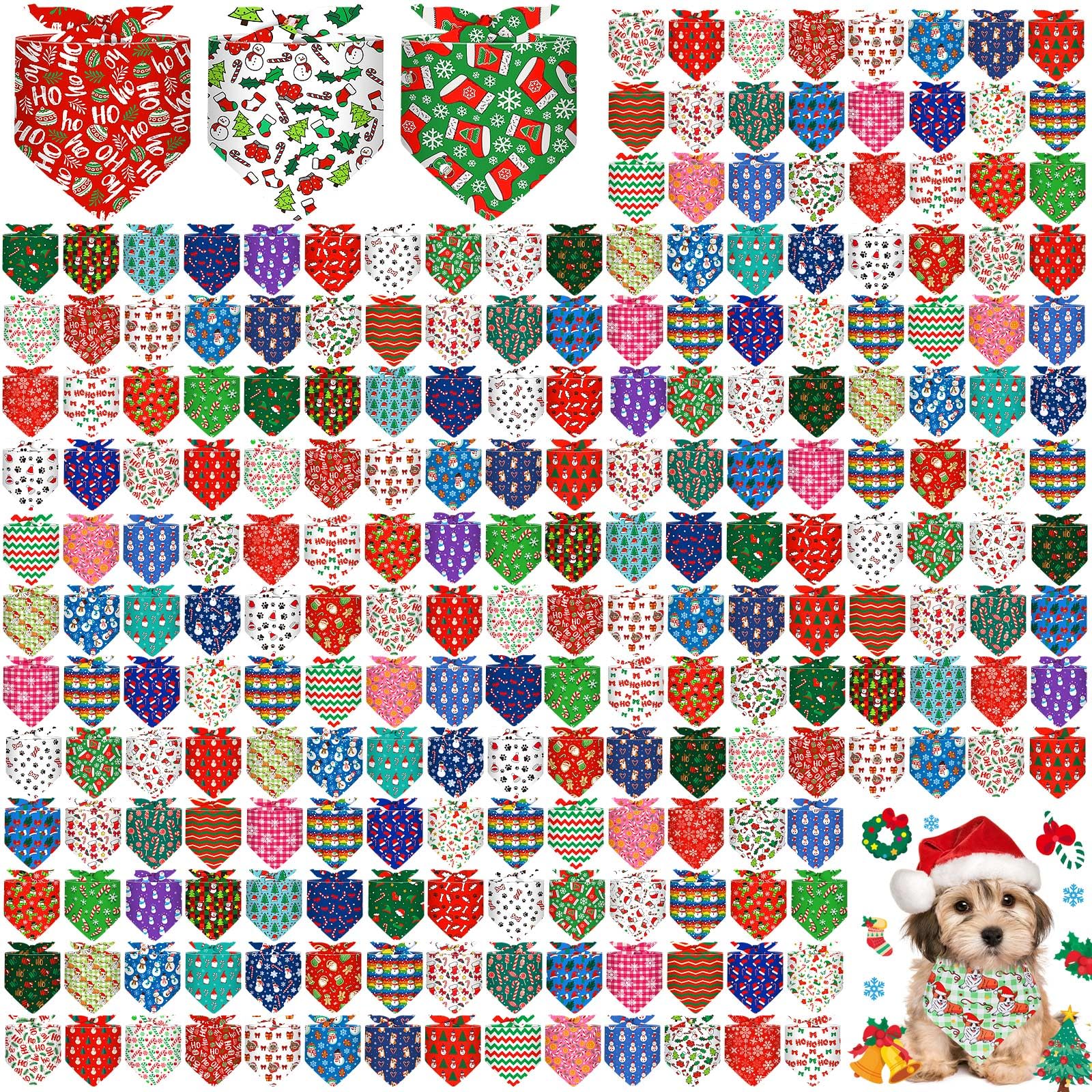 Aliceset 240 Pcs Christmas Dog Bandana Bulks Red Green Xmas Tree Santa Hat Snowflake Patterns Dog Kerchief Set Bibs Triangle Pet