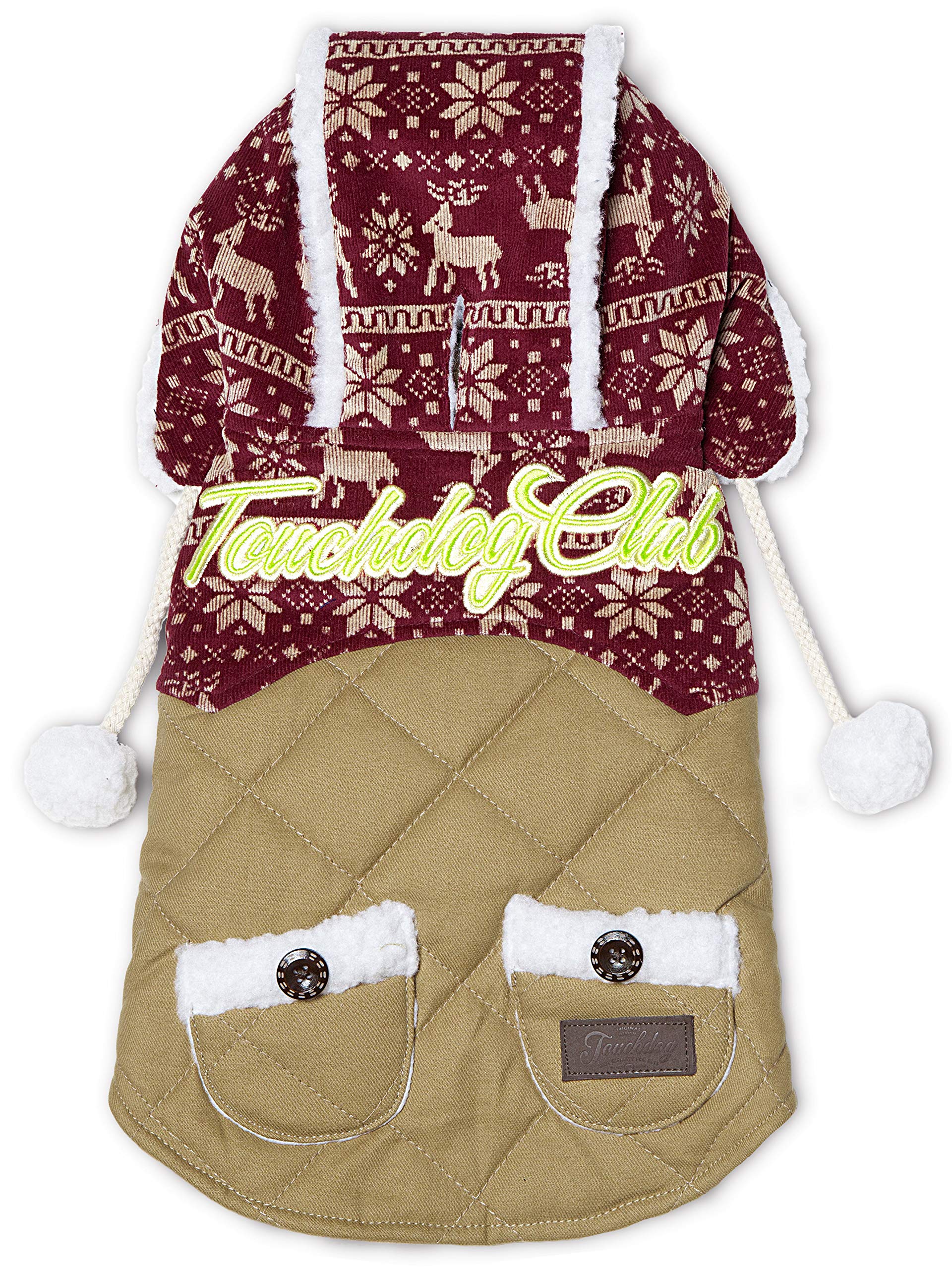 TOUCHDOG 'Snowadayz' Pom Pom Fashion Designer Pet Dog Coat Hooded Sweater Jacket Hoodie, Large, Red / Beige