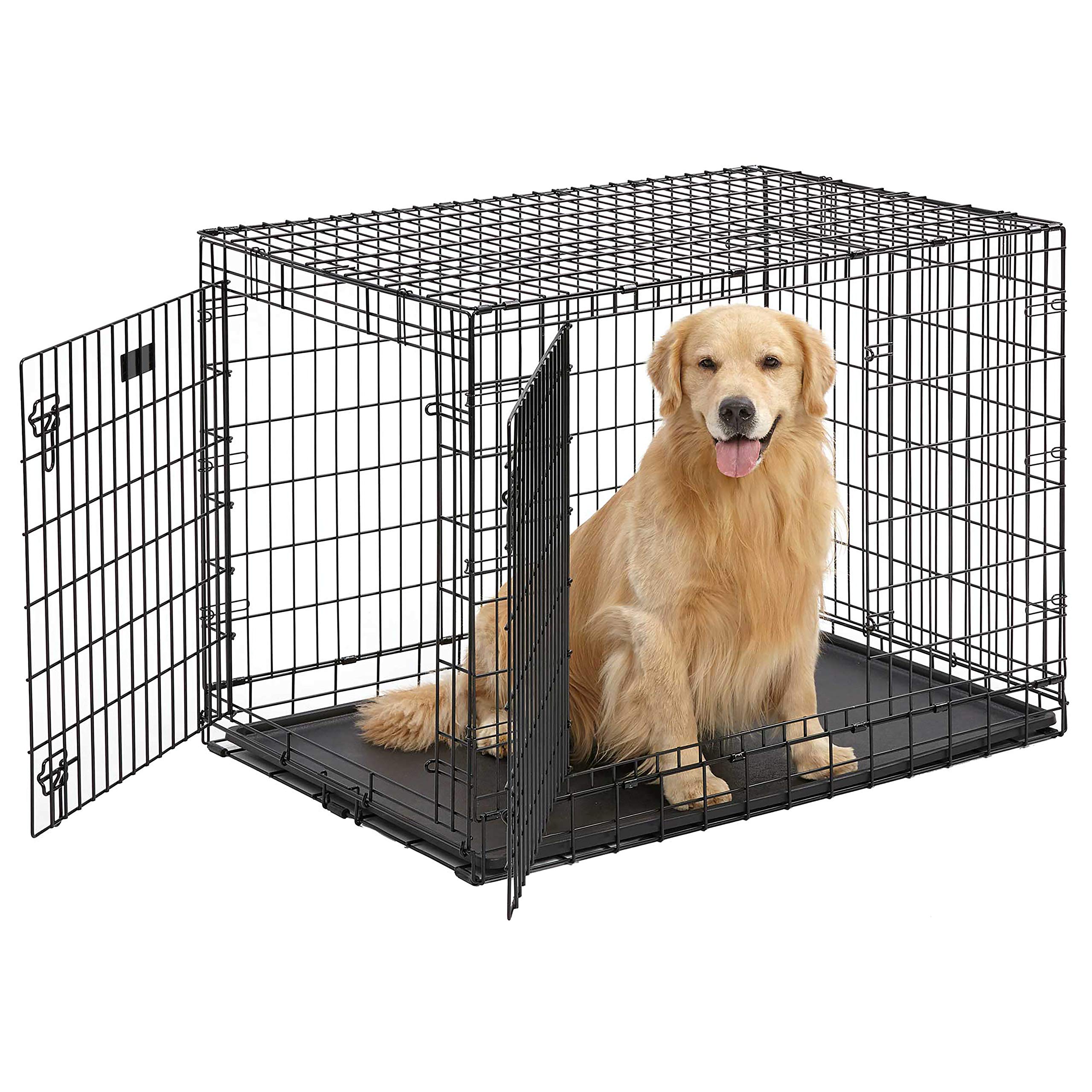 Midwest Homes For Pets Ultima Pro Series 42' Dog Crate | Extra-Strong Double Door Folding Metal Dog Crate W/Divider Panel, Floor Protecting 'Roller Feet' & Leak-Proof Plastic Pan