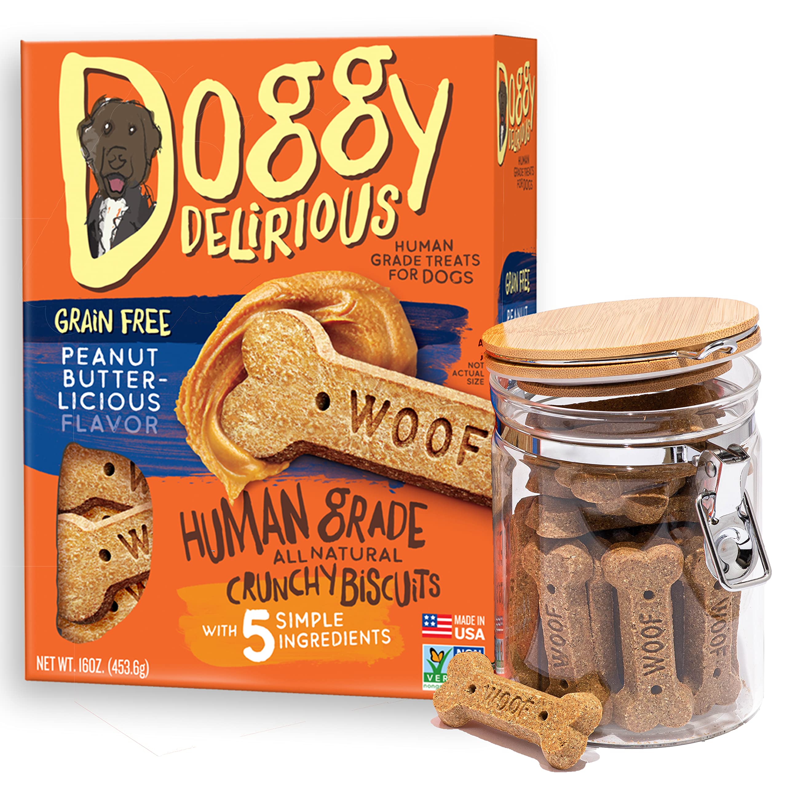 Doggy Delirious Crunchy Dog Treats – All Breeds & Sizes – Natural Puppy Snack – 100% Human-Grade – Grain-Free Peanut Butter Bones – 16 Oz, 1 lb Pack (1)