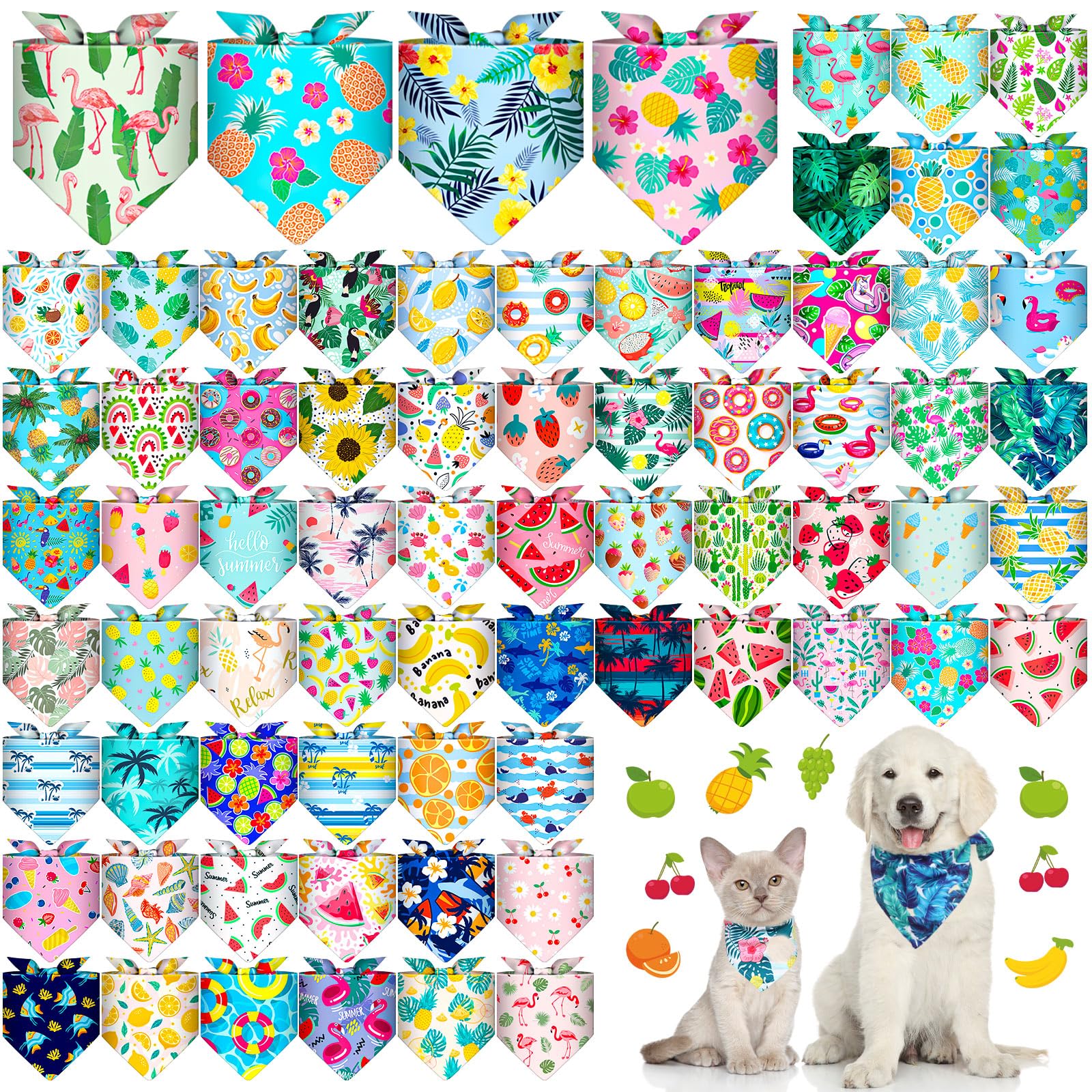 Reginary 72 Packs Summer Bandanas For Dog Bulk Fruit Dog Bandanas Pet Bandanas Hawaiian Triangle Scarf Bibs Dog Bibs Adjustable 