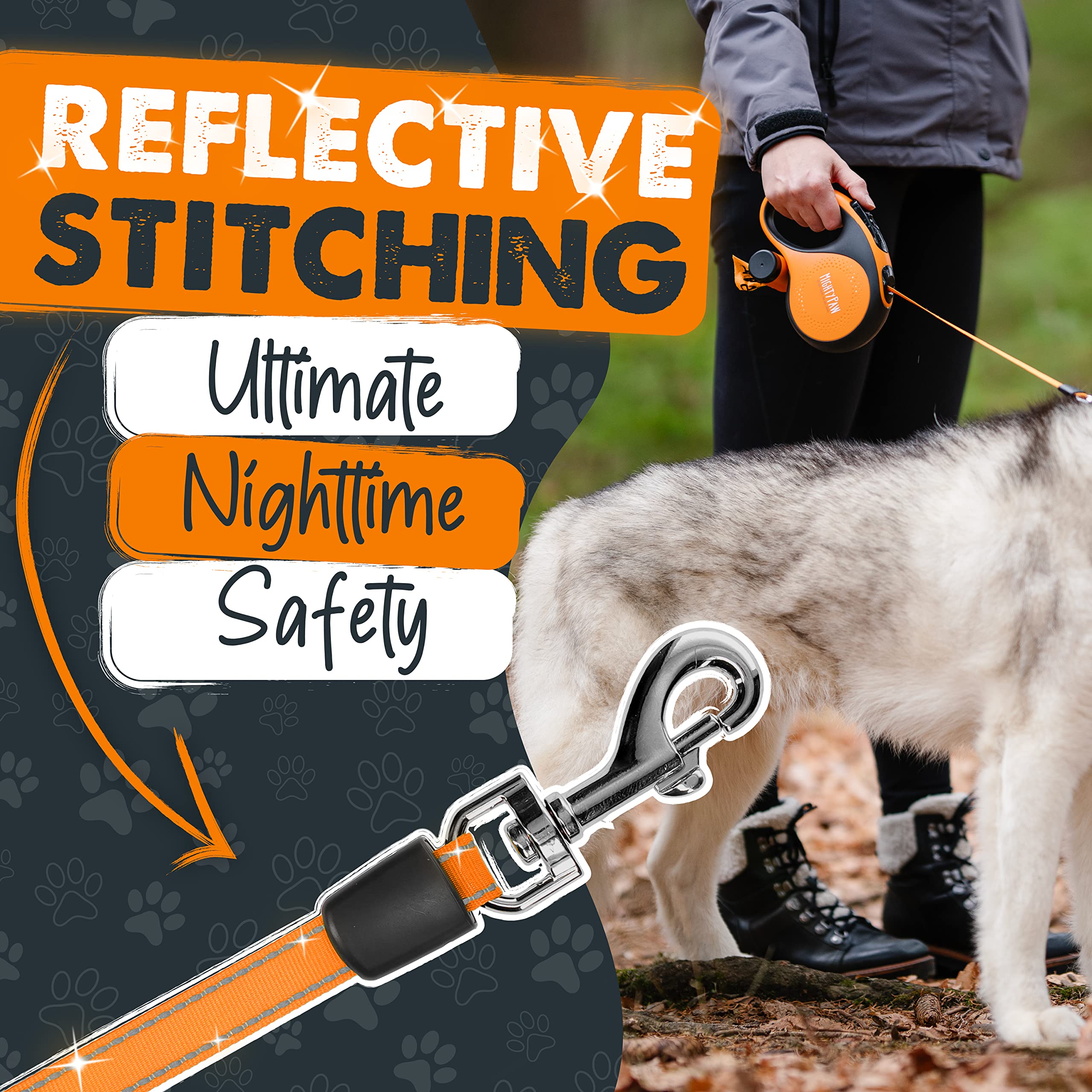 Mighty Paw Retractable Dog Leash with Poop Bag Holder, 16' for 0-50 lbs, Deluxe Orange, Stainless Steel