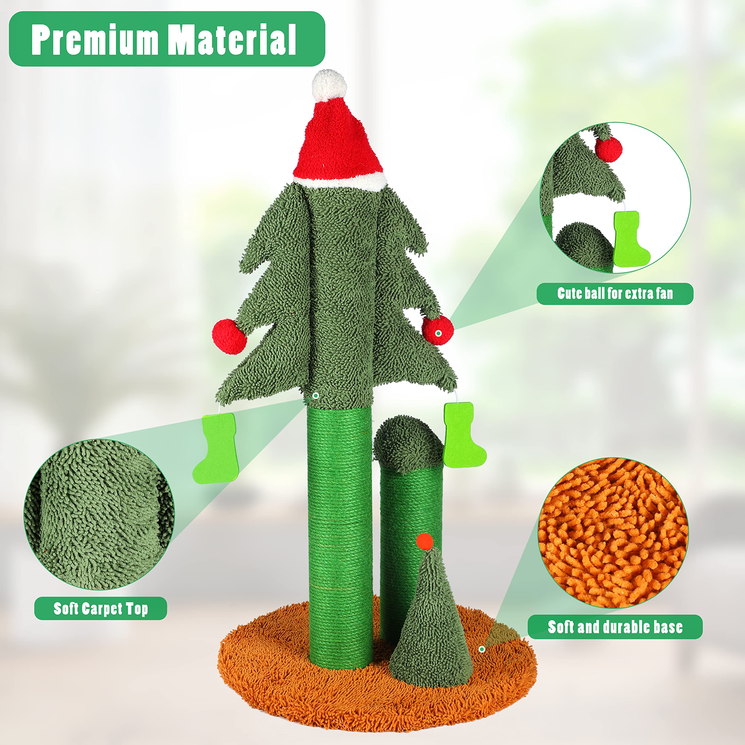 FluffyDream 32    Cat Scratching Post, Tall Christmas Tree Cat Scratcher with 3 Posts and Cute Dangling Teaser Balls, Natural Si