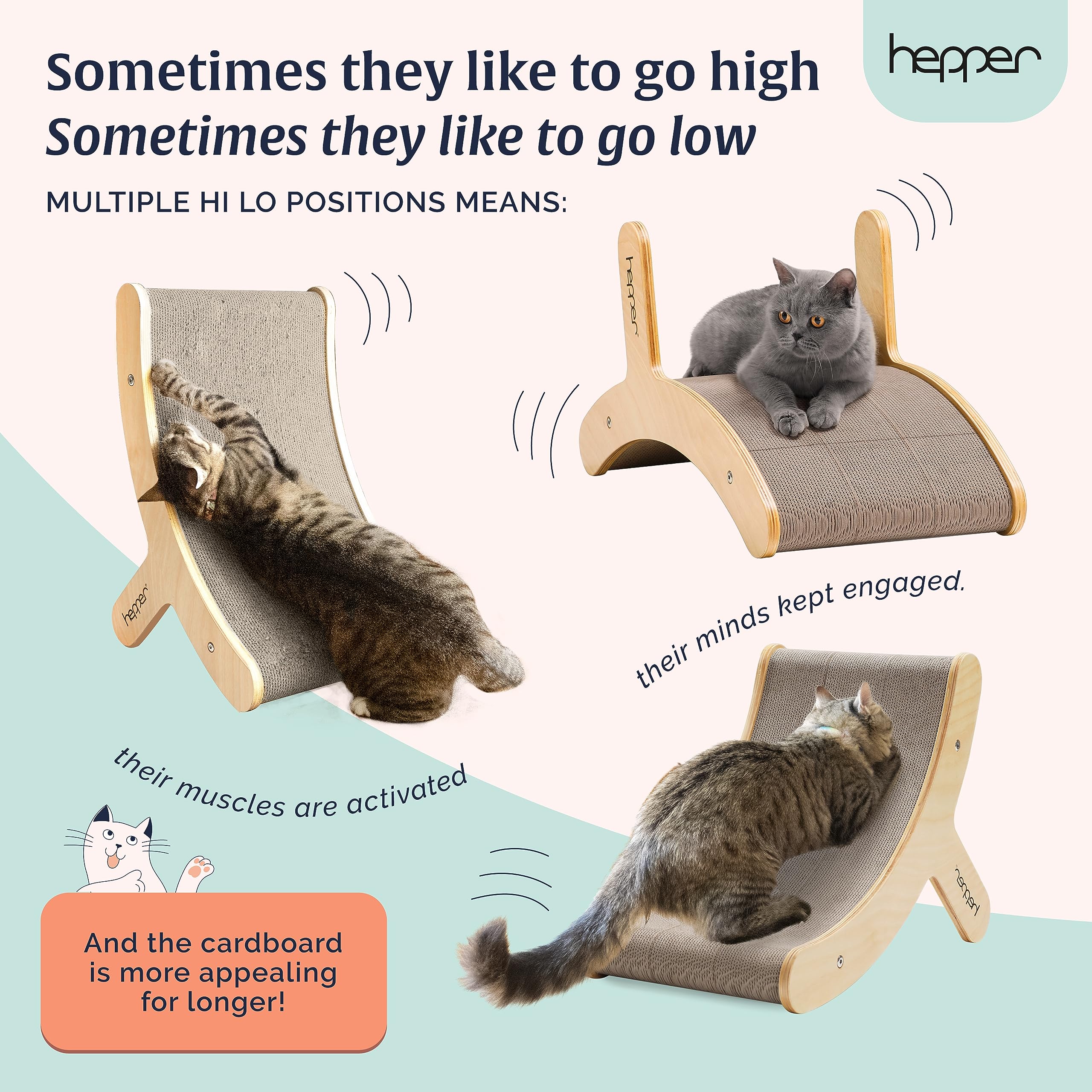Hepper Hi-Lo Cardboard Cat Scratcher With Real Wood & Metal Frame - 3-Position Cat Scratchers For Indoor Cats - Curved Cat Scrat