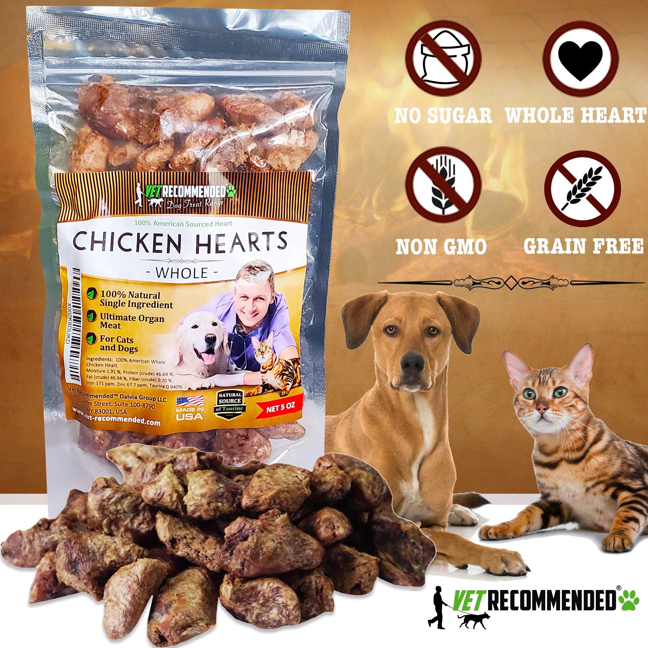 Vet Recommended Premium Whole Chicken Hearts for Dogs and Cats (5oz Bag), Freeze Dried Natural Dog Treats - Perfect Organ Meat f
