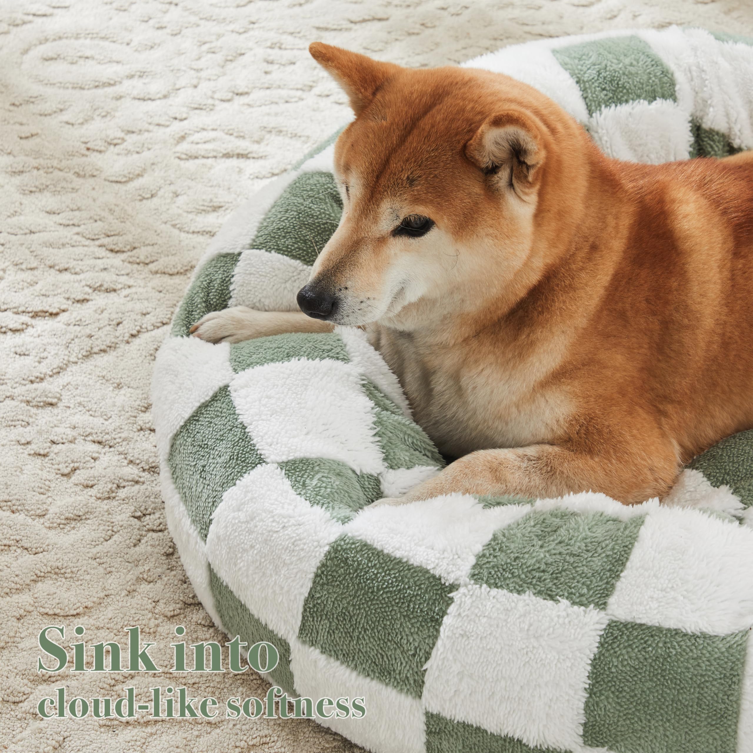 Ohocut Checkered Dog Bed, Cute Sage Green Retro Style Aesthetic Round Warming Pet Calming Beds For Small Dog And Cats, Plush Coz