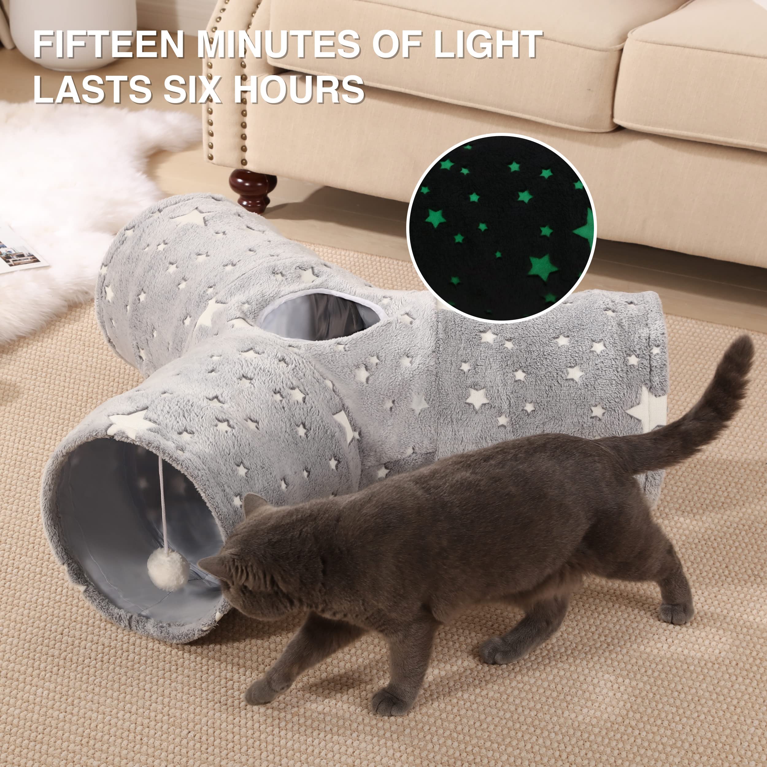Tempcore Cat Tunnel Toy - 3-Way Collapsible, Luminous Polyester, Grey for Indoor Cats, Kittens, and Rabbits