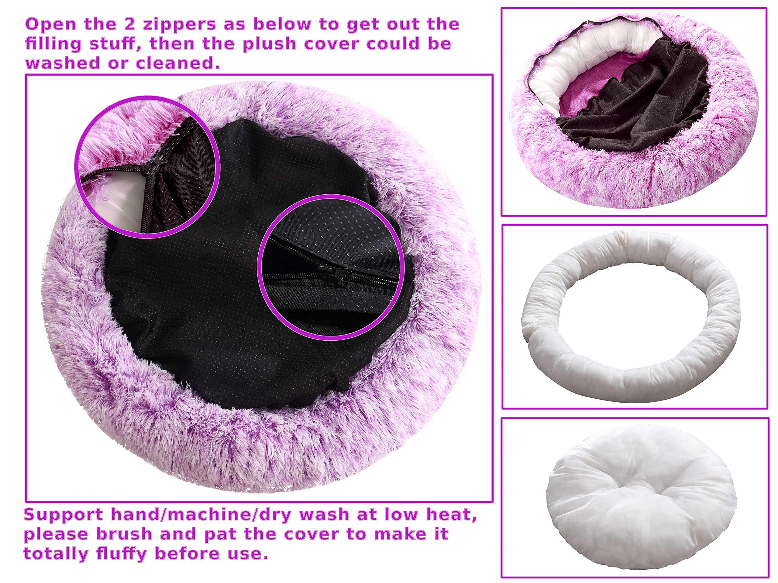 Comlax Calming Donut Dog Beds, 24 Inches Round Cushion With Removable Washable Cover, Anti-Anxiety Faux Fur Cuddler, Fluffy Comf