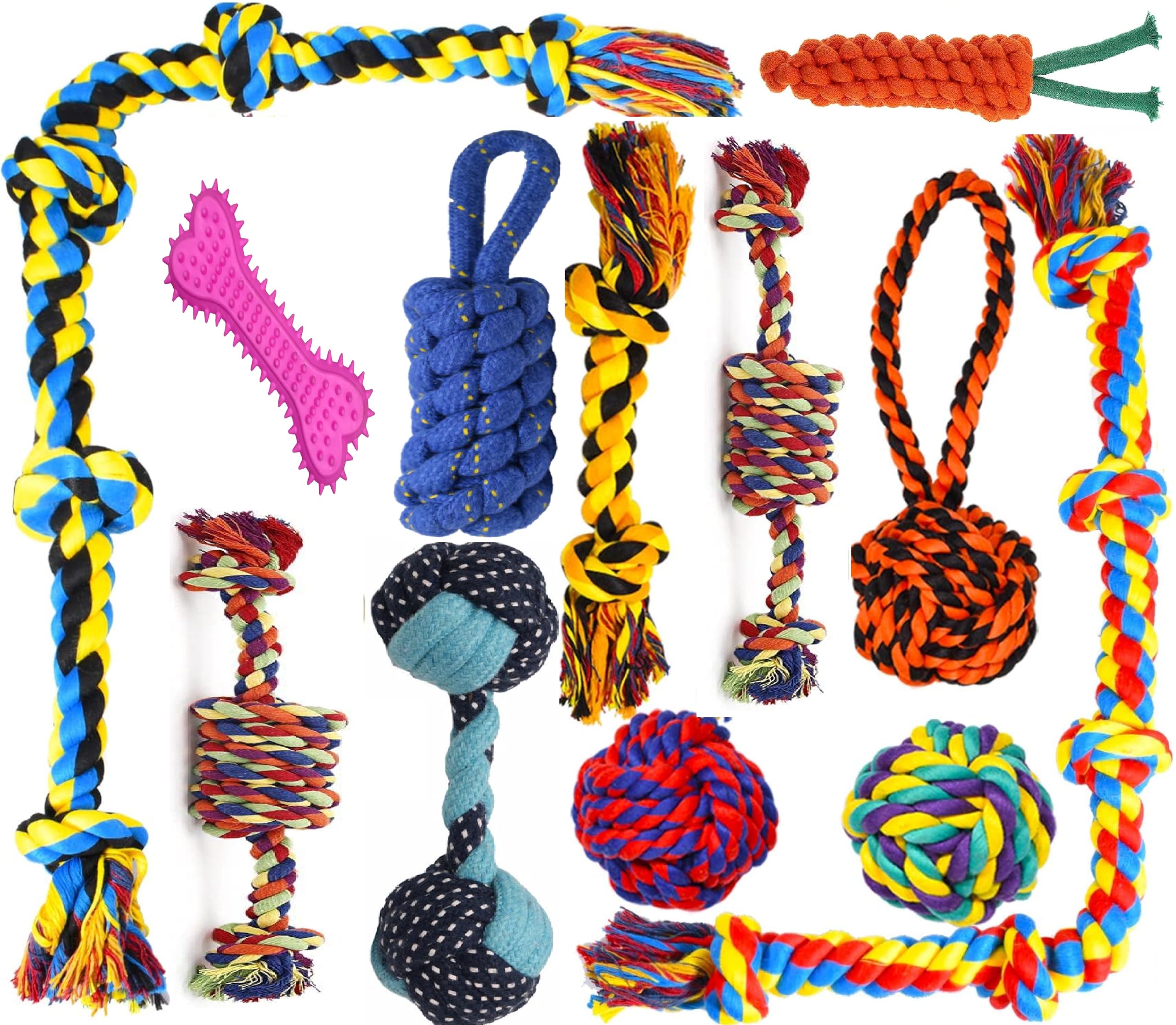 Agirav Dog and Puppy Toy Set  Chew, Teething, Rope, and Tug Toys for Small to Medium Dogs  Washable Cotton Pack of 12