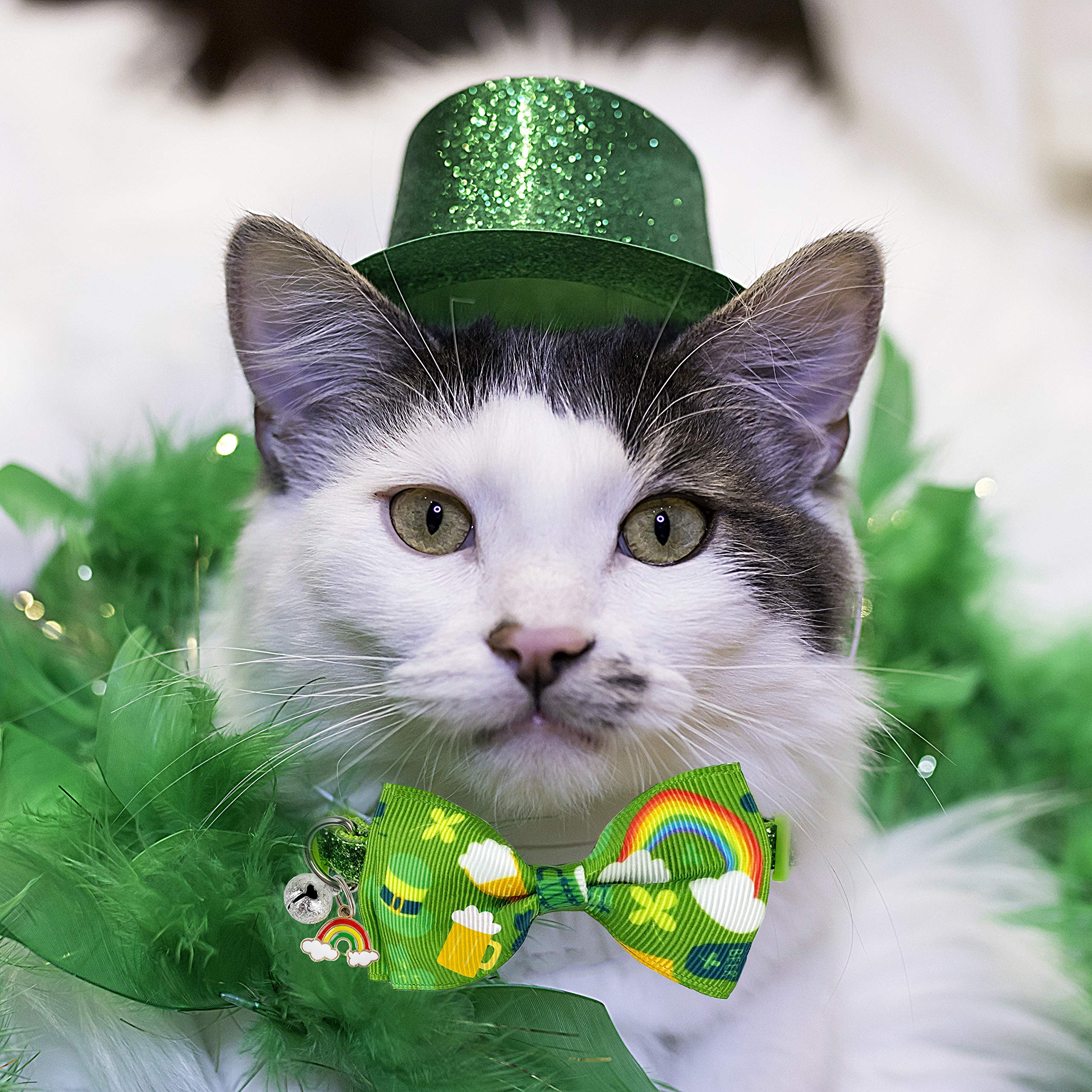 Pohshido 2 Pack St. Patrick'S Cat Collar With Bow Tie And Bell, Kitty Kitten Breakaway Lucky Irish Shamrock Collar For Girls And