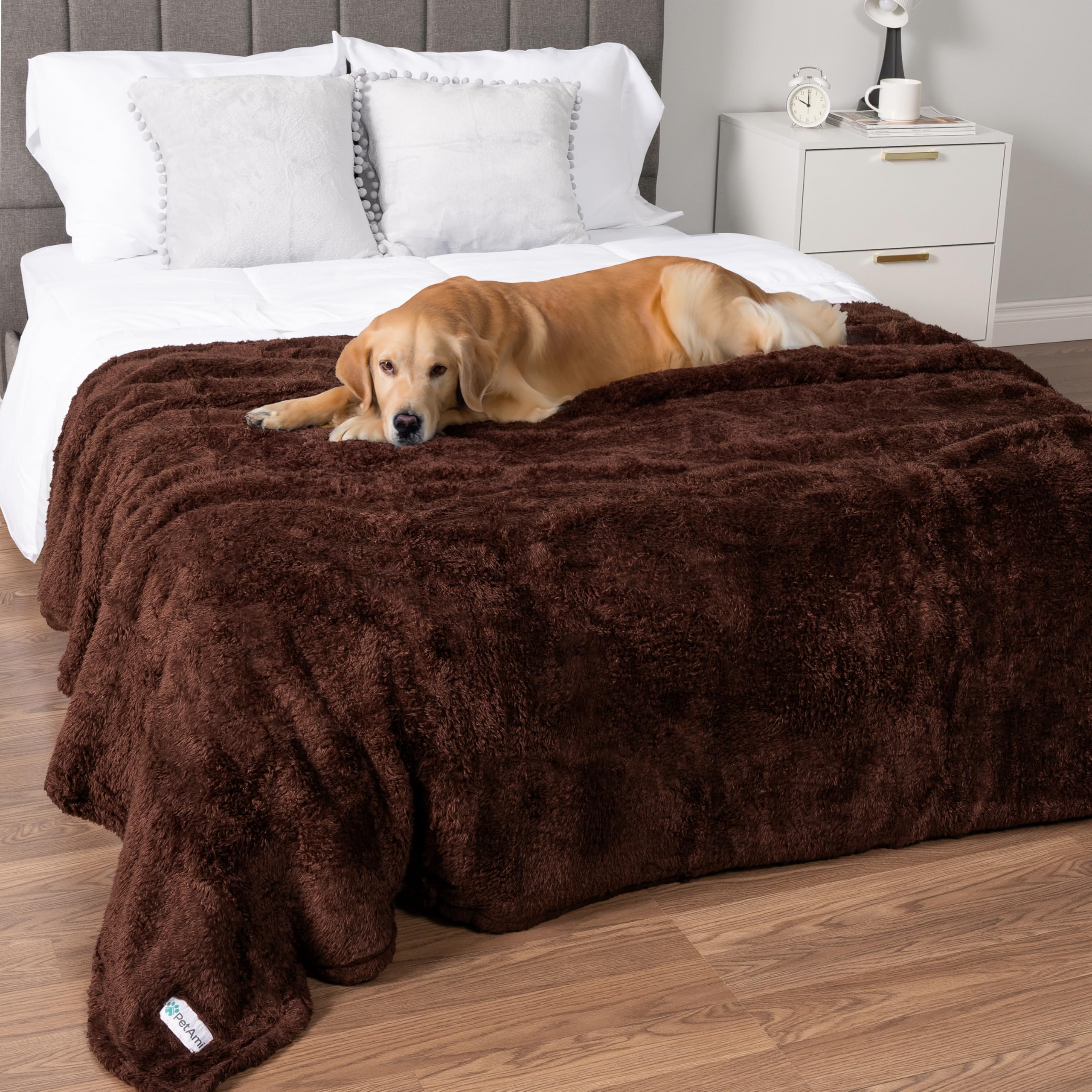 Petami Fluffy Waterproof Dog Blanket For Bed Large Dogs, Soft Warm Pet Sherpa Throw Pee Proof Couch Cover, Reversible Cat Blanket Sofa Crate Kennel Protector, Washable Mat (Brown, 60X80)
