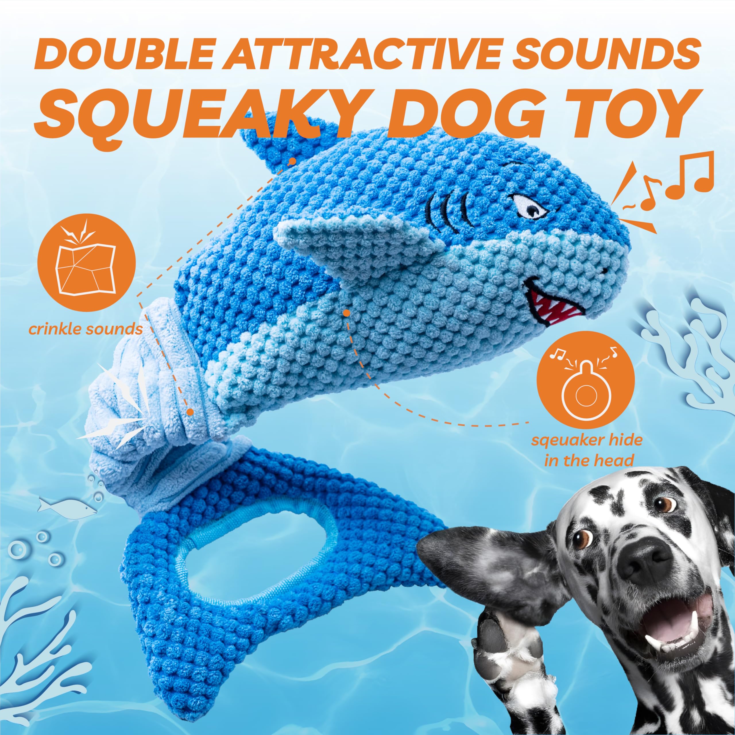 LEGEND SANDY Interactive Squeaky Dog Toy for Aggressive Chewers, Large Crinkle Tug Toy, Blue Shark, Polyester Material