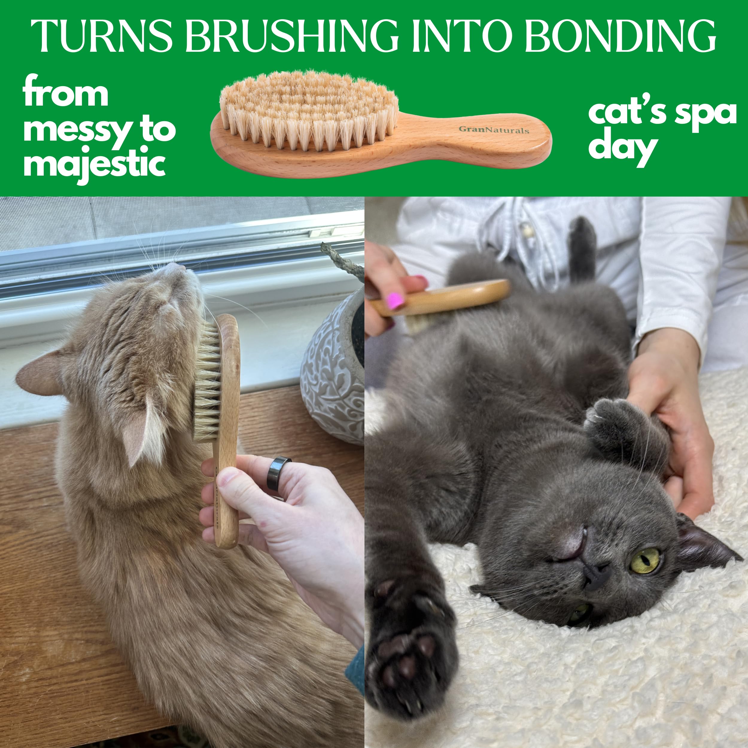 Grannaturals Boar Bristle Soft Cat Brush For Indoor, Outdoor, Short Haired Cats, Kittens, Small Dog, Rabbit, Furry Pets - Gentle
