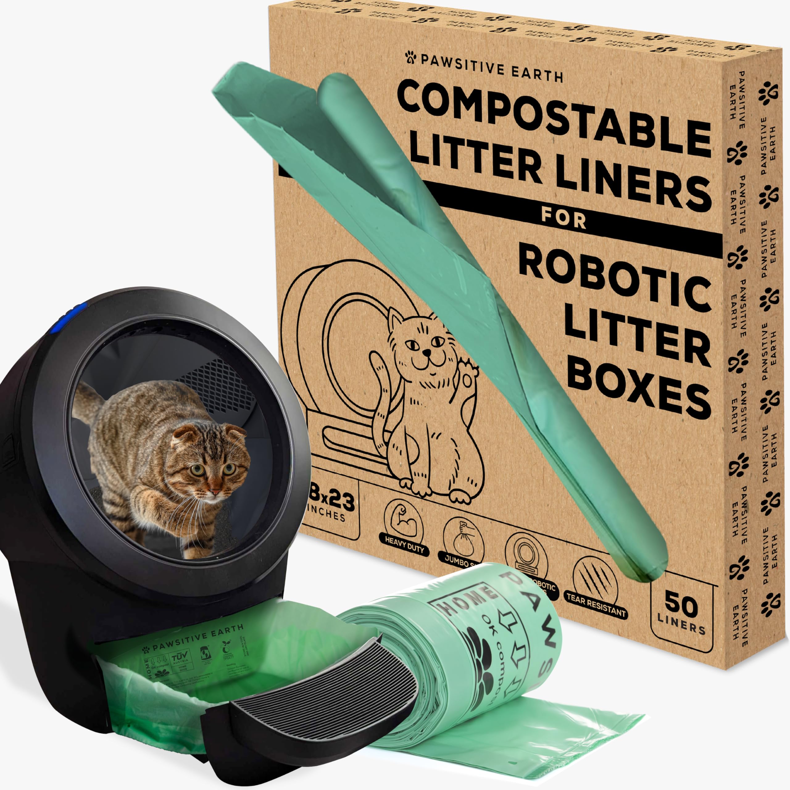 Cat Litter Box Liner 100% Compostable - Drawstring Close - Jumbo Size 36'' X 19'' - Tear & Leak Resistant - Ok Compost Home Cert