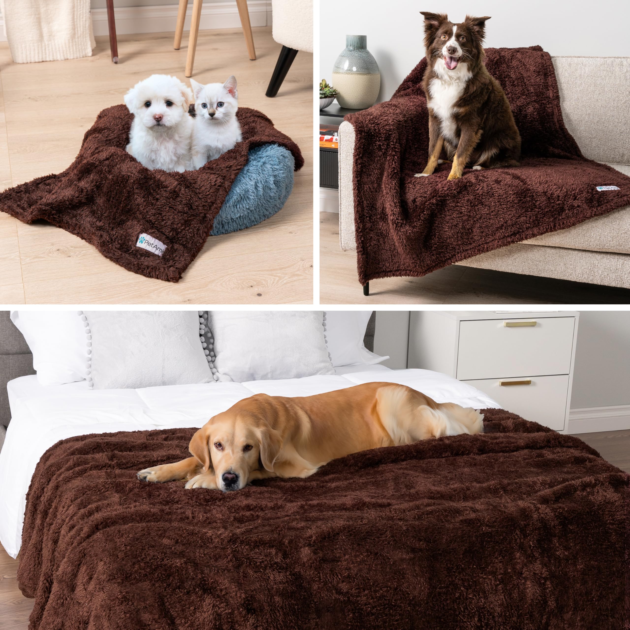 Petami Fluffy Waterproof Dog Blanket For Bed Large Dogs, Soft Warm Pet Sherpa Throw Pee Proof Couch Cover, Reversible Cat Blanket Sofa Crate Kennel Protector, Washable Mat Queen (Brown, 90X90)