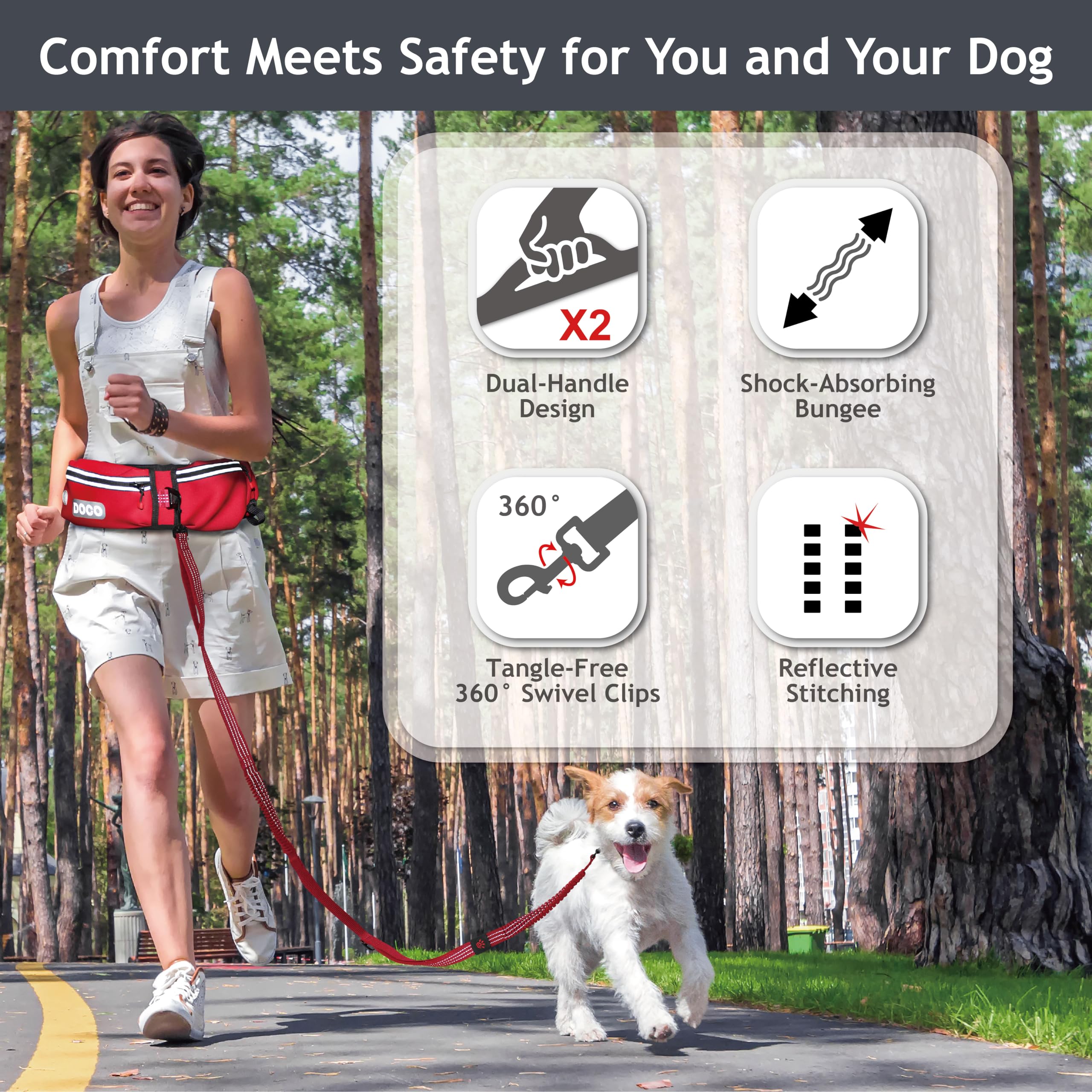 DOCO Heavy Duty Dog Leash - Adjustable Waist Belt, Bungee Design, Reflective, Medium-Large, Turquoise