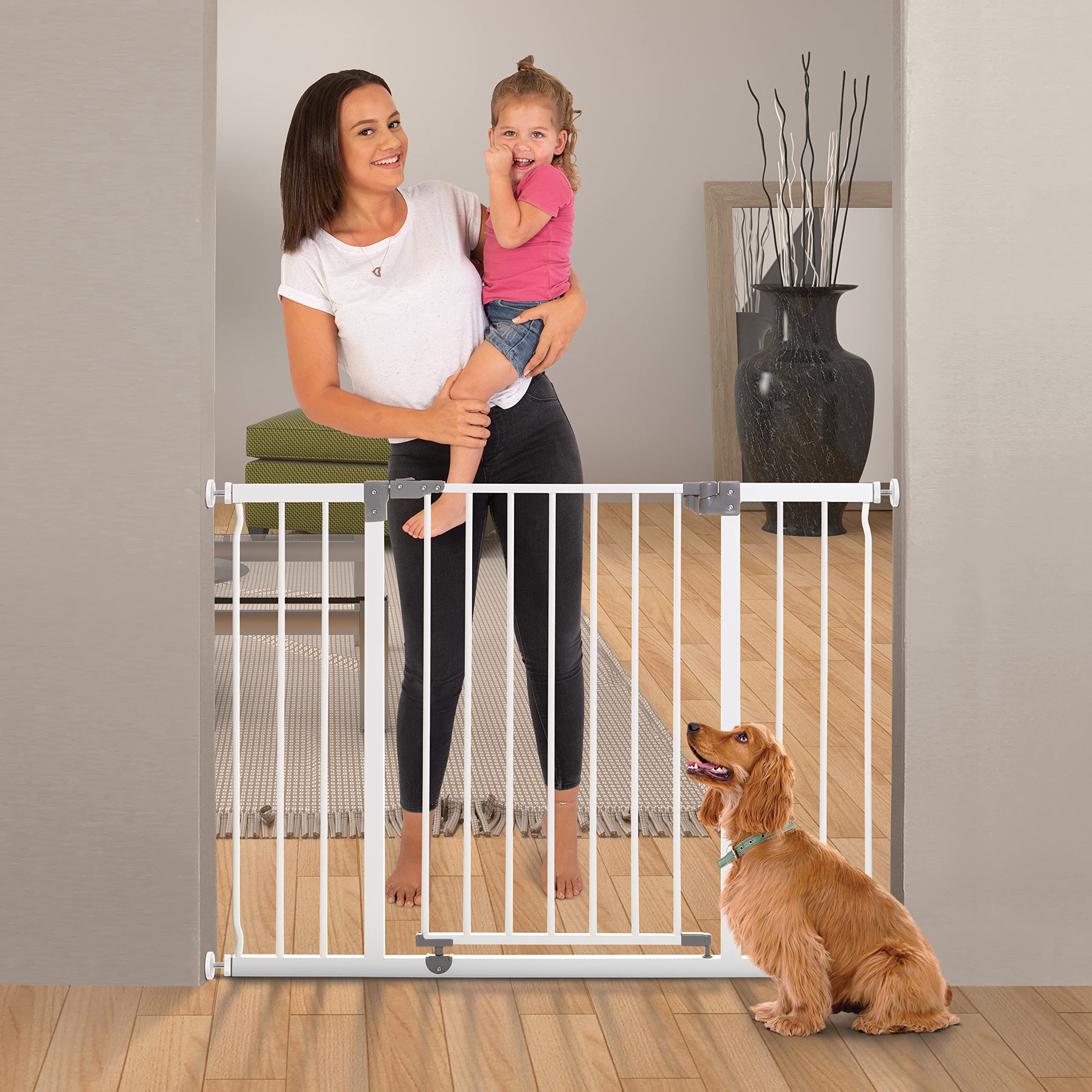 Dreambaby Liberty Extra-Wide Hallway Baby Safety Gate Set, 39-52.5in, 30in Tall, White, Model L799BB, Smart Stay Open Feature