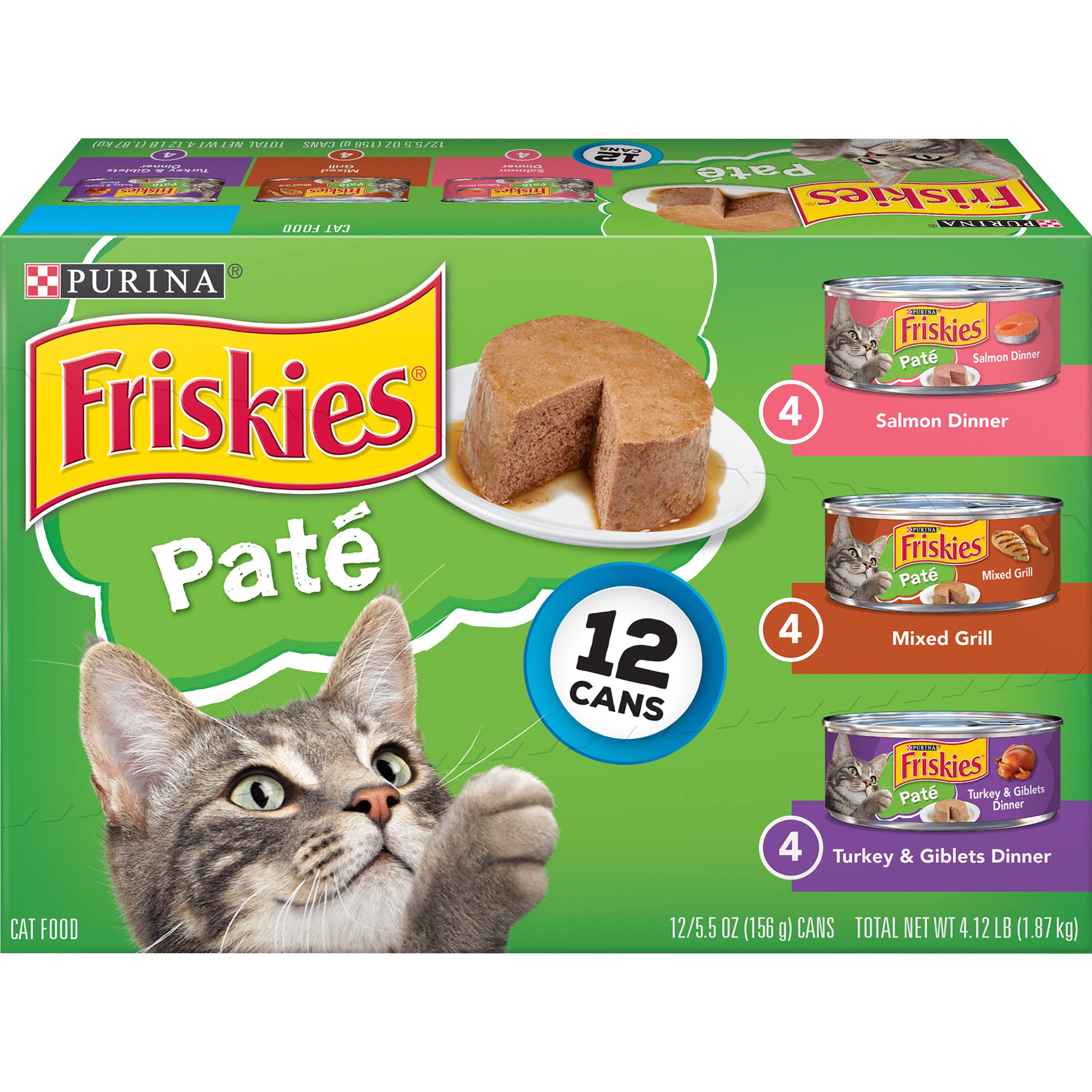 Purina Friskies Wet Cat Food Pate Variety Pack Salmon Dinner, Turkey and Giblets Dinner and Mixed Grill - (2 Packs of 12) 5.5 oz