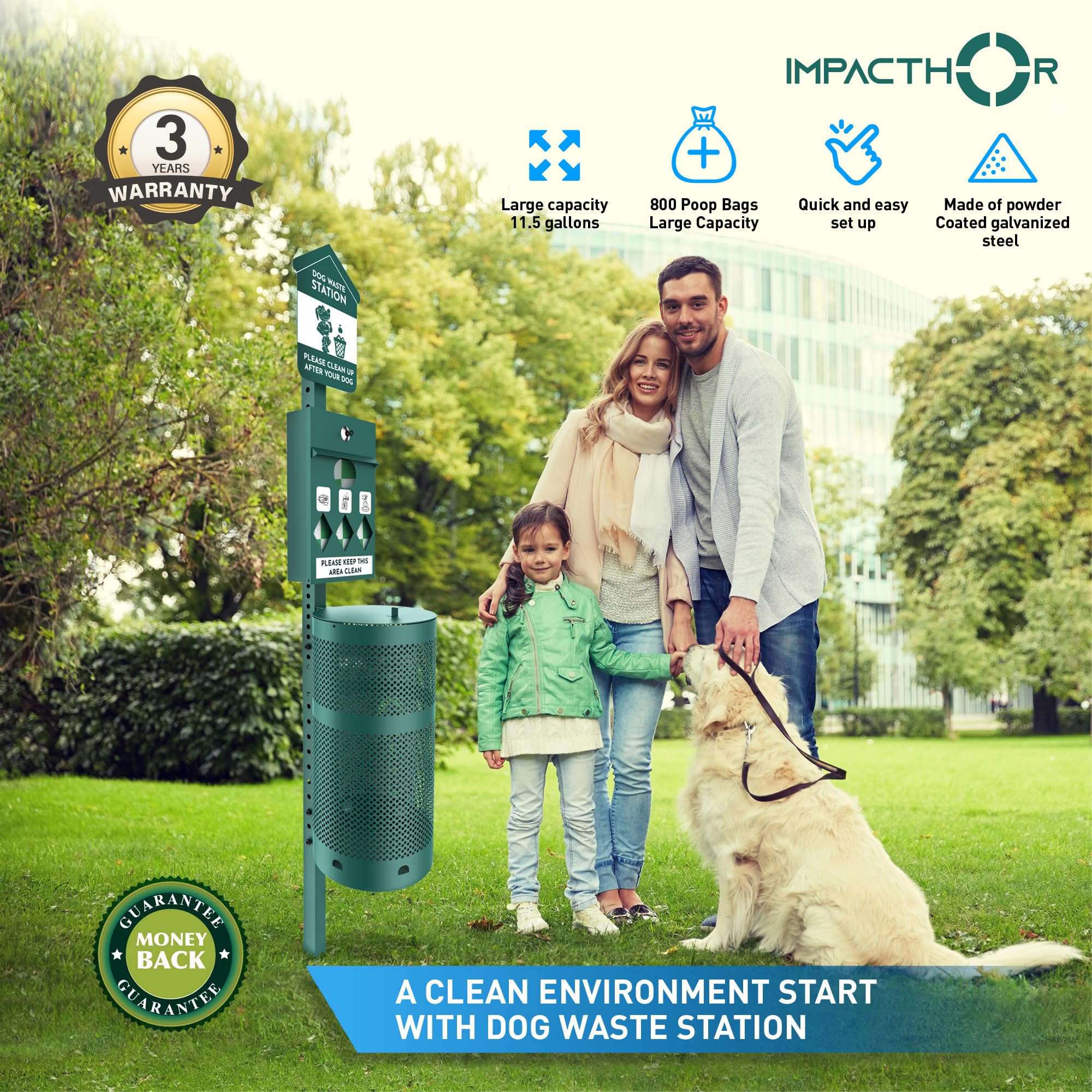 IMPACTHOR Dog Waste Station - 652 Piece Set, Green, Powder-Coated Steel, Includes 800 Bags, Waste Can Liners & Poop Bag Holders