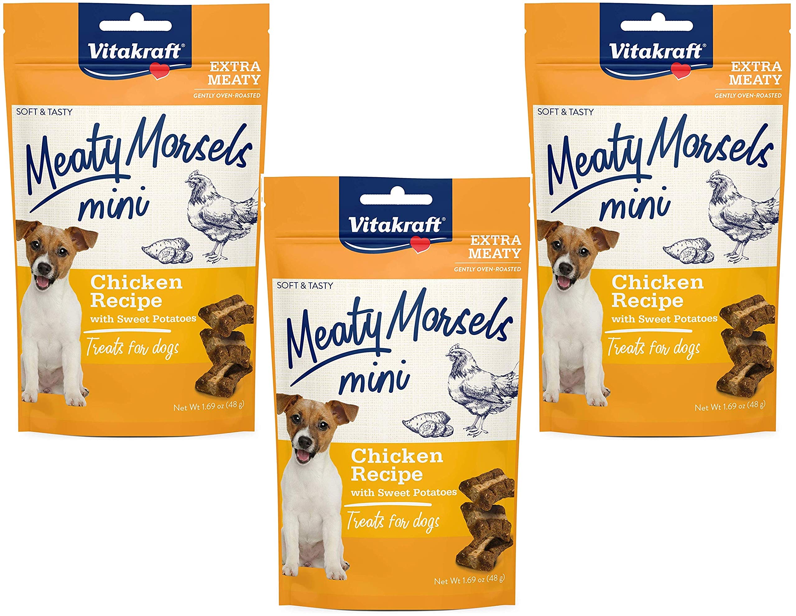 Vitakraft 3 Pack of Chicken Mini Meaty Morsels Dog Treats, 1.69 Ounces Each, with Sweet Potato