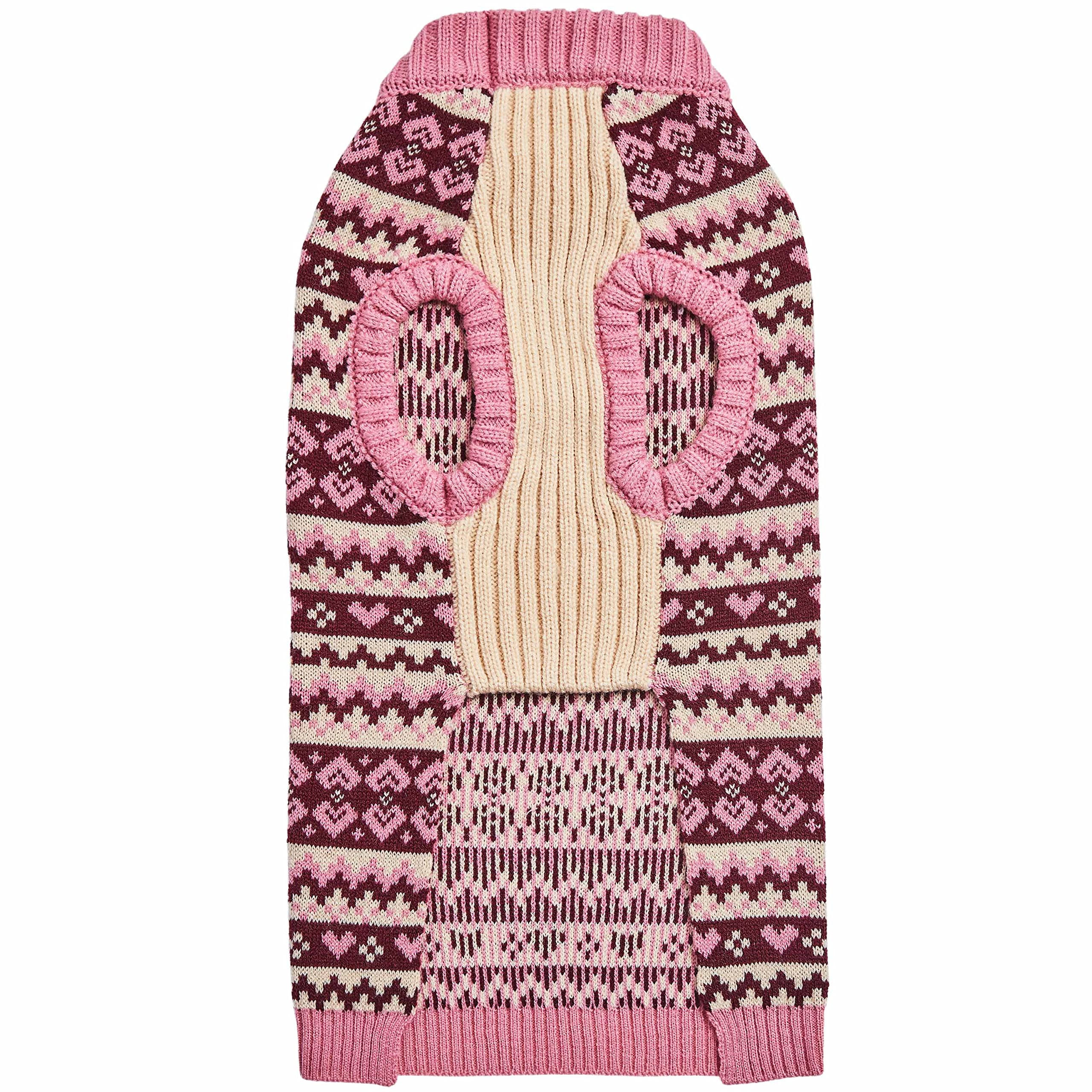 Blueberry Pet Heart Designer Everyday Turtleneck Fair Isle Fall Winter Pullover Dog Sweater In Pink, Back Length 20', Warm Clothes For Large Dogs