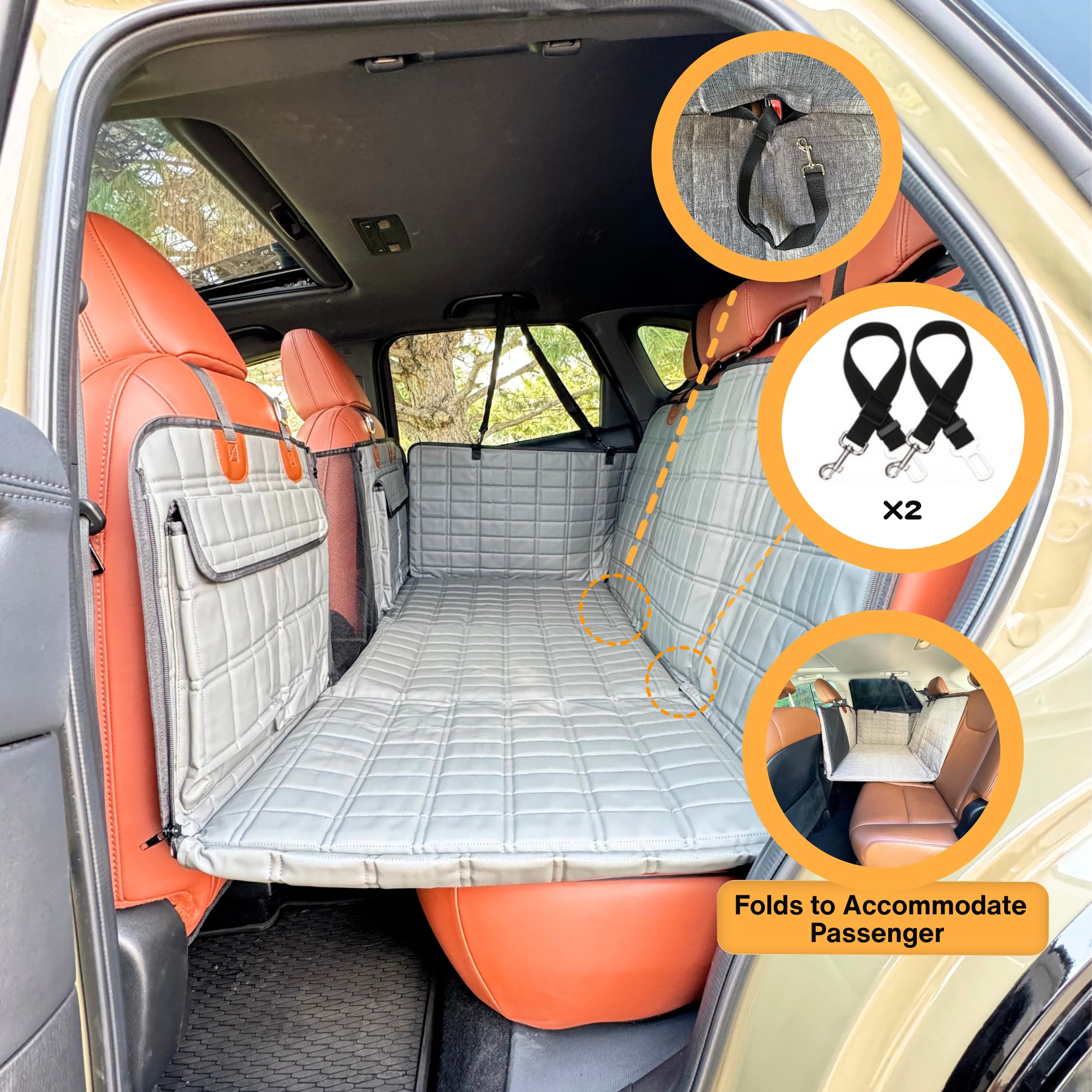 APetsPlanet Dog Car Seat Cover - Waterproof Hammock Bed, 53"x23", Gray Leather, Model APetsPlanet-2.0, with Mesh Window & Door Covers